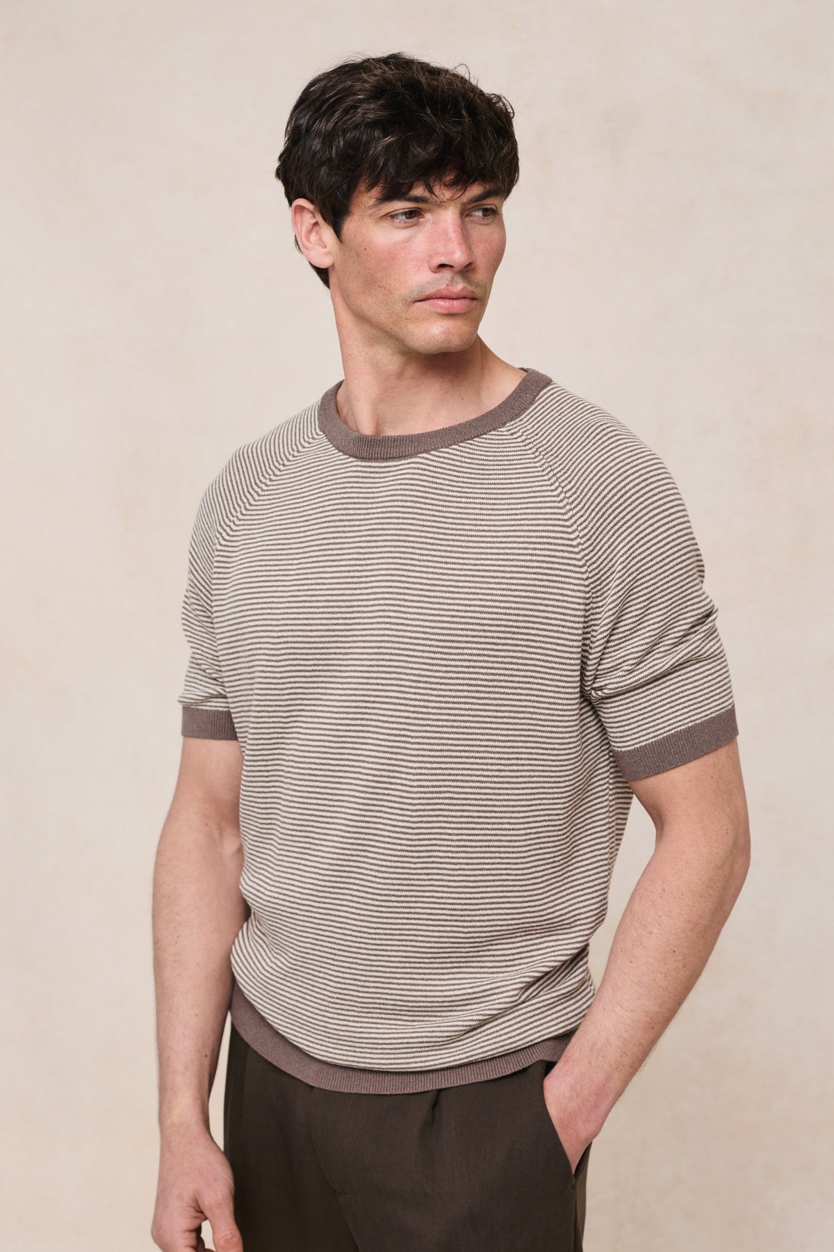 Rafael linnen gestreept T-shirt met ronde hals - Bruin/beige