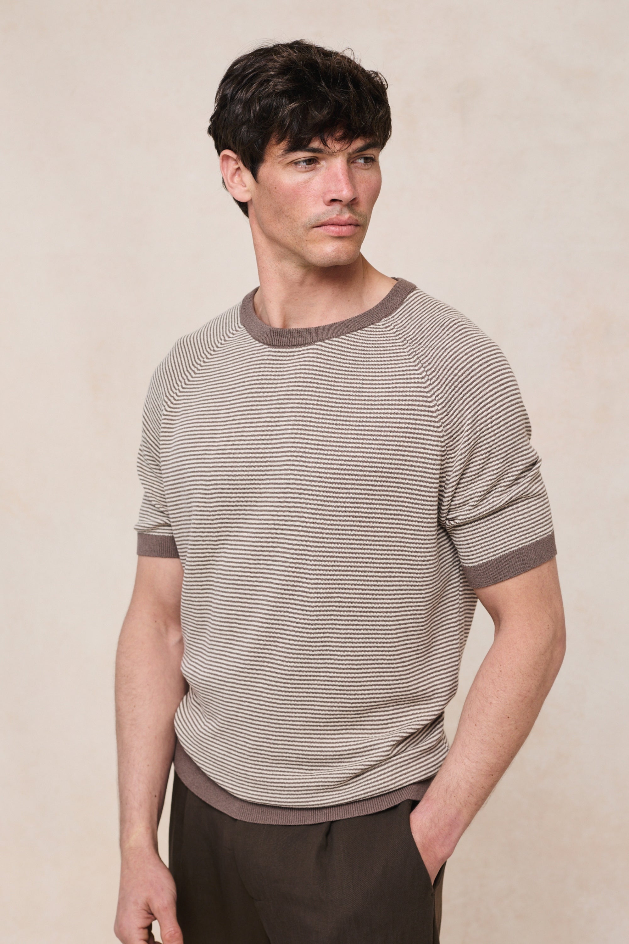 Rafael linnen gestreept T-shirt met ronde hals - Bruin/beige