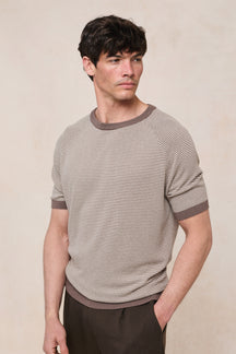 Rafael Linen Striped Crew Neck T-Shirt - Brown/Beige