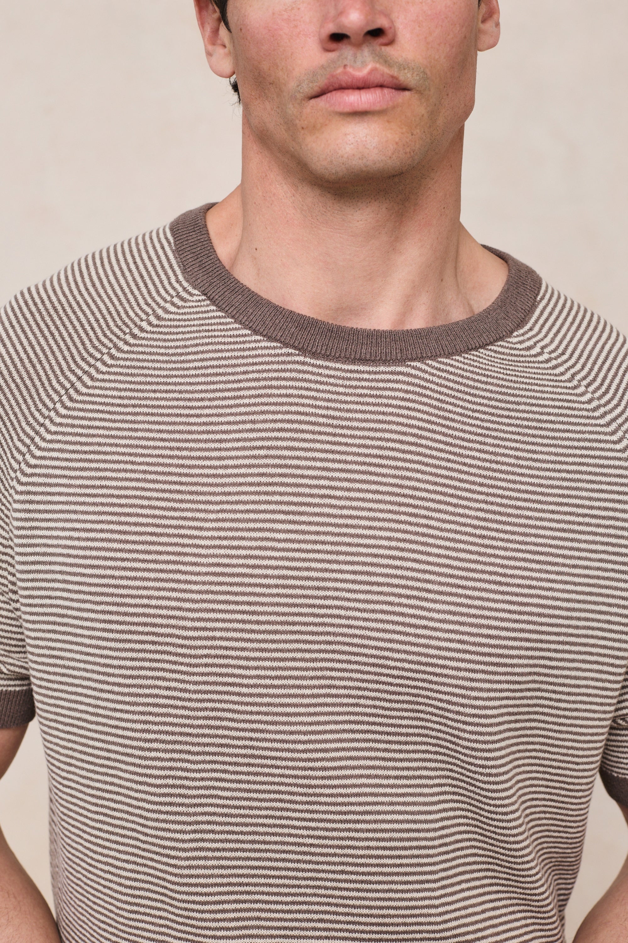Rafael linnen gestreept T-shirt met ronde hals - Bruin/beige