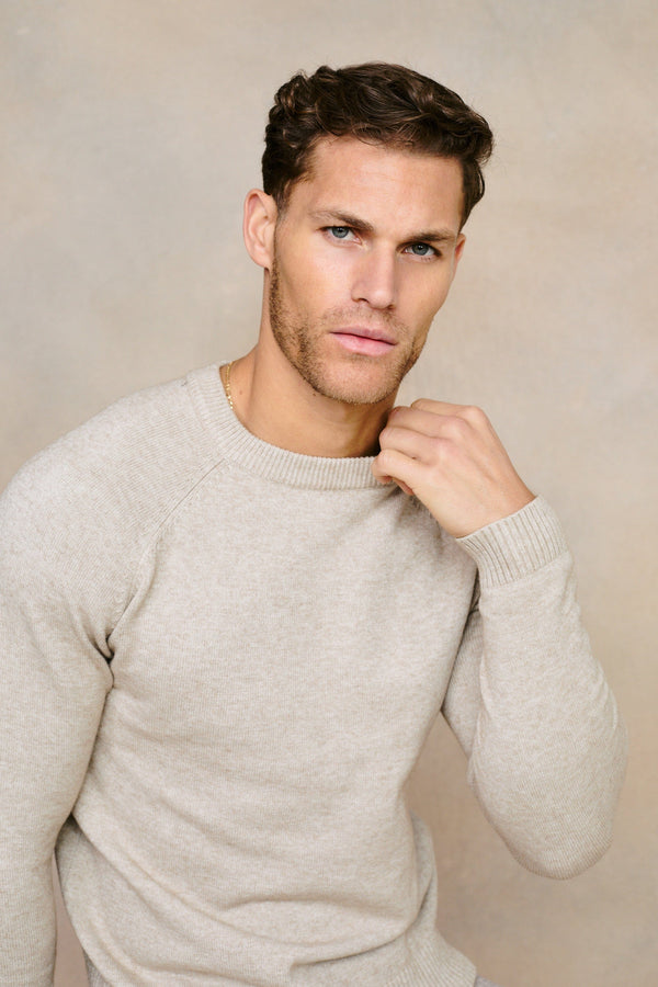 Lando gebreide trui met ronde hals - Havermoutkleur 