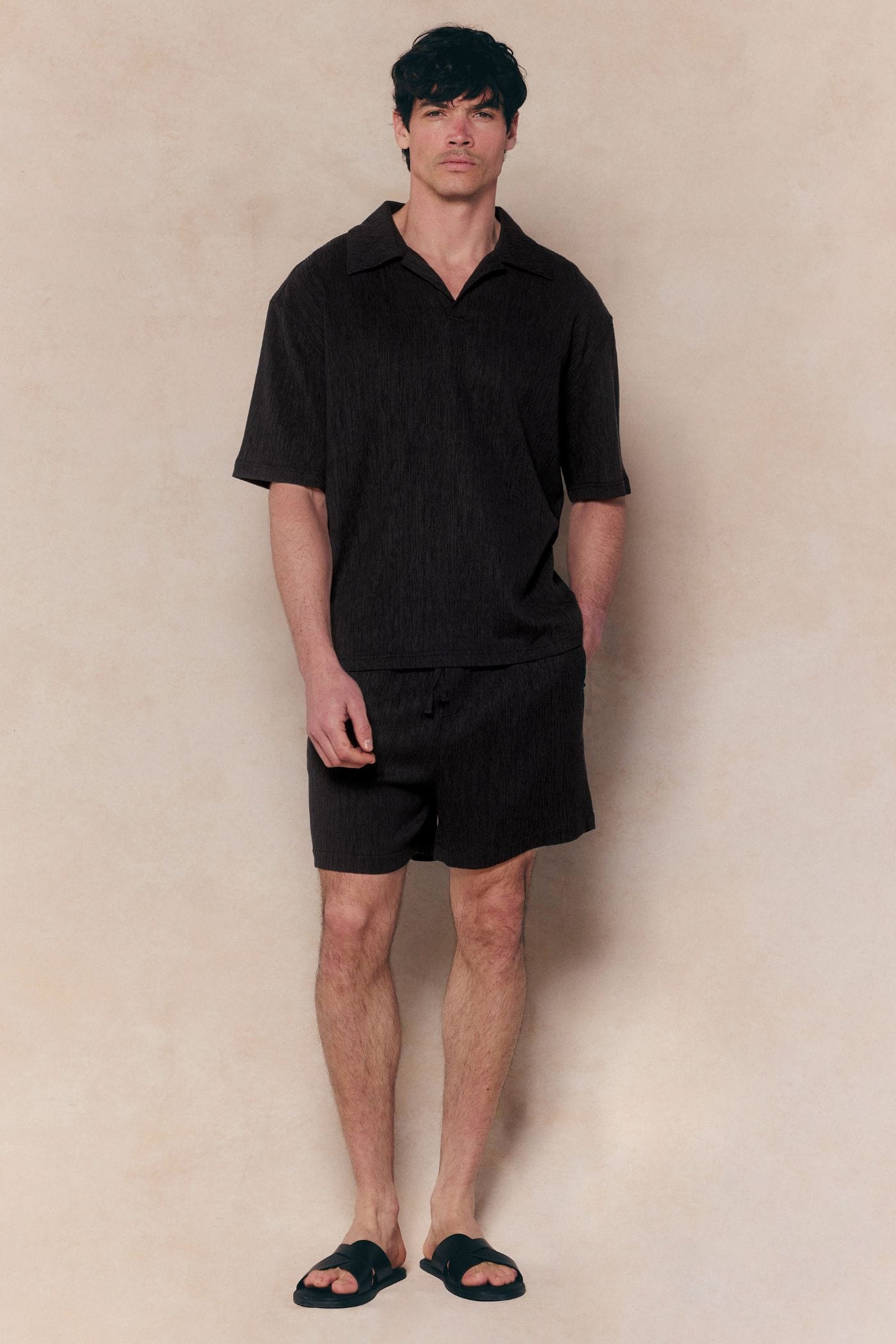 Silvano Crinkled Open Collar Polo - Black