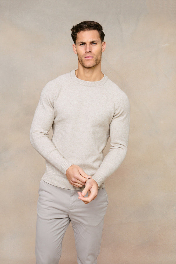 Lando gebreide trui met ronde hals - Havermoutkleur 