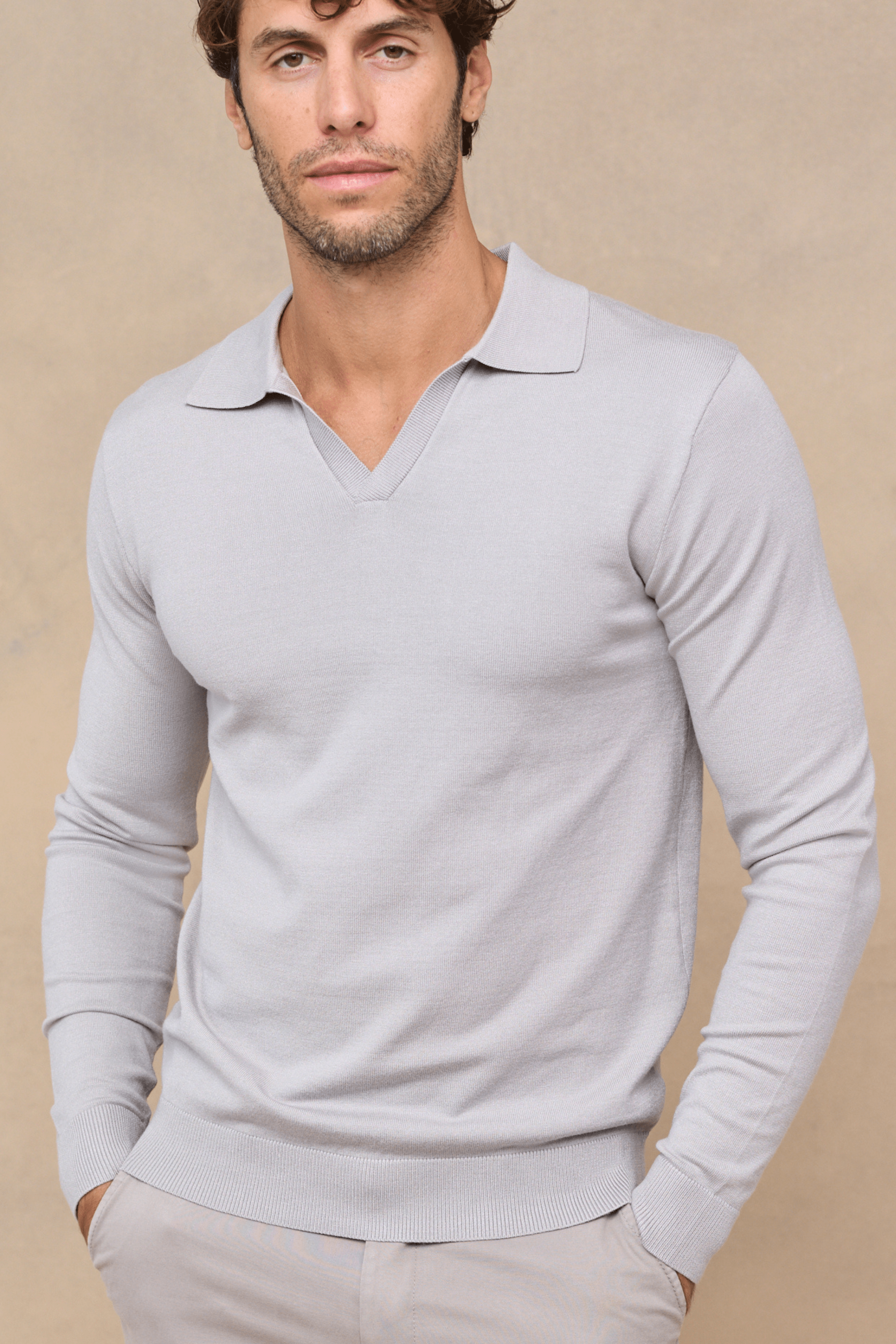 Knitted Long Sleeve Open Collar Polo - Light Grey