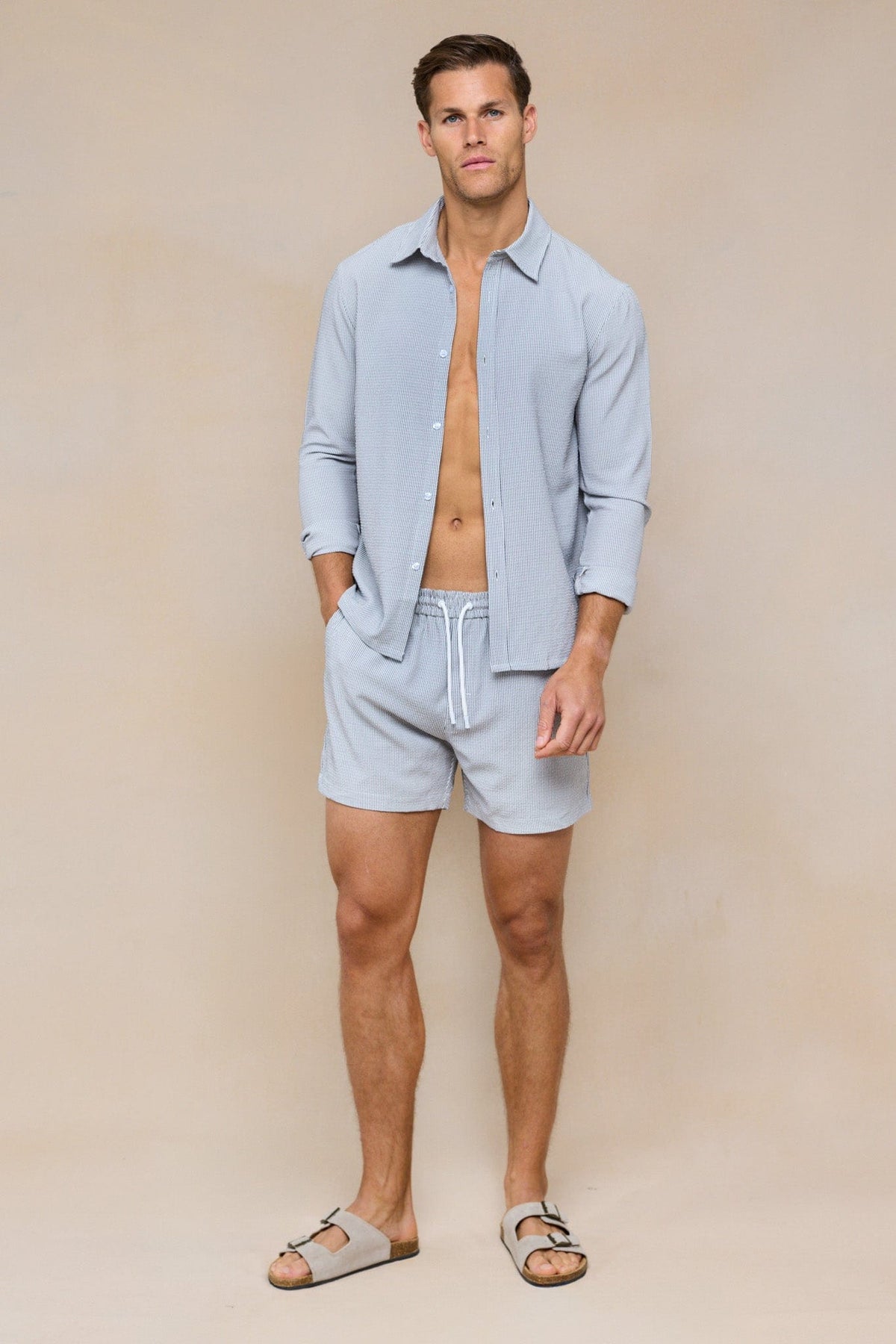 Vittorio Seersucker shirt met lange mouwen - Zwart/Wit