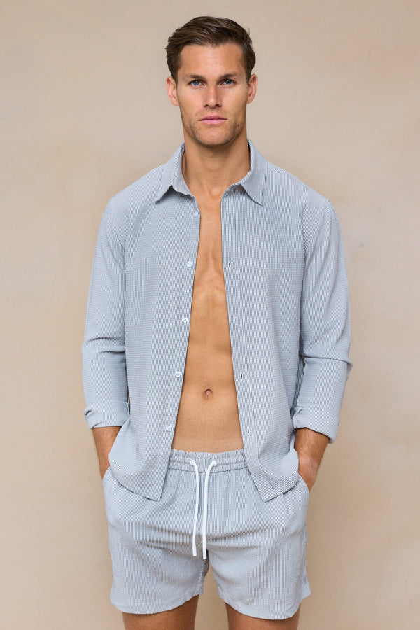 Vittorio Seersucker shirt met lange mouwen - Zwart/Wit