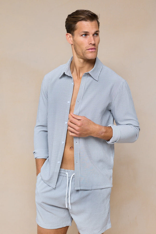 Vittorio Seersucker shirt met lange mouwen - Zwart/Wit