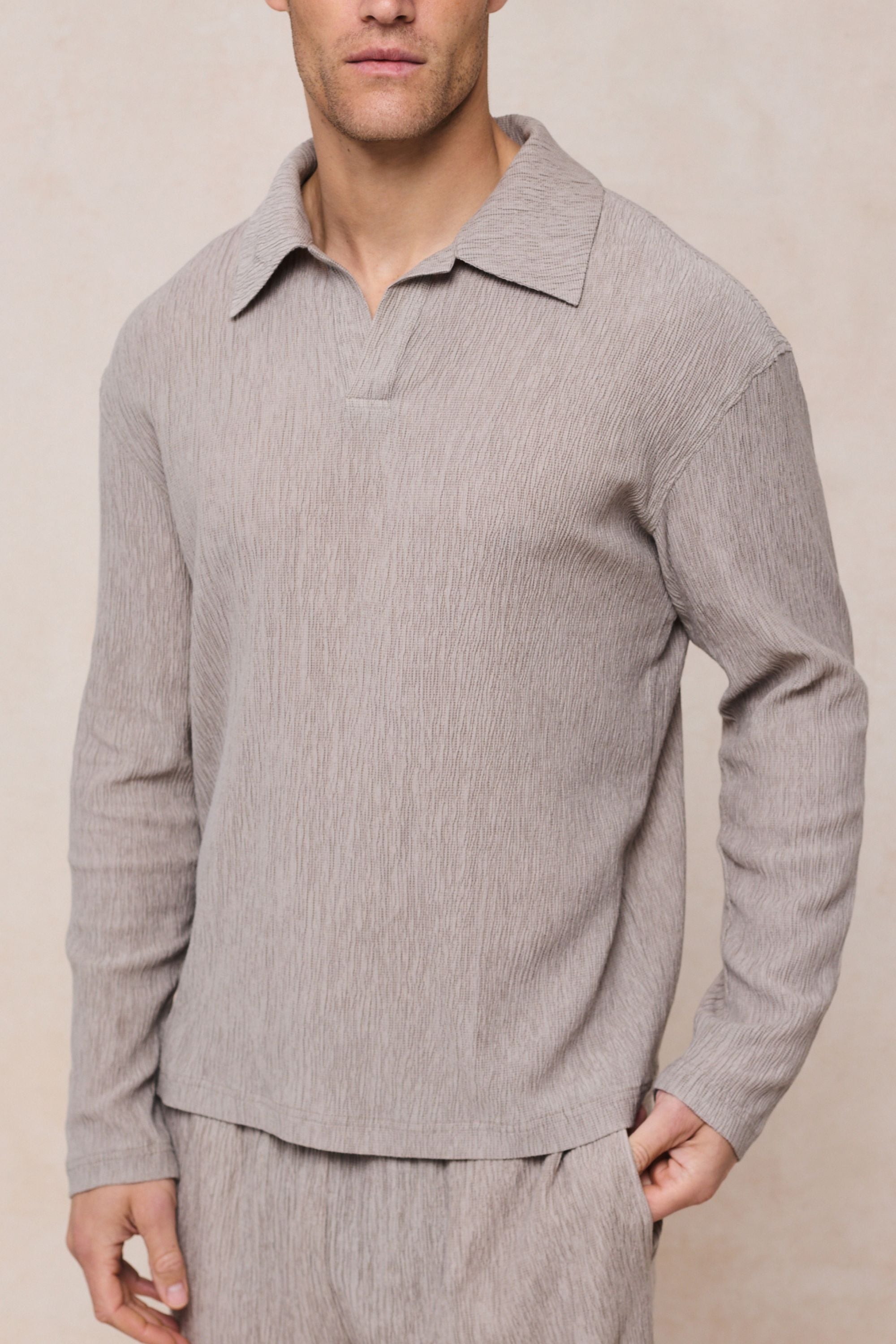Arty Long Sleeve Open Collar Polo - Mushroom