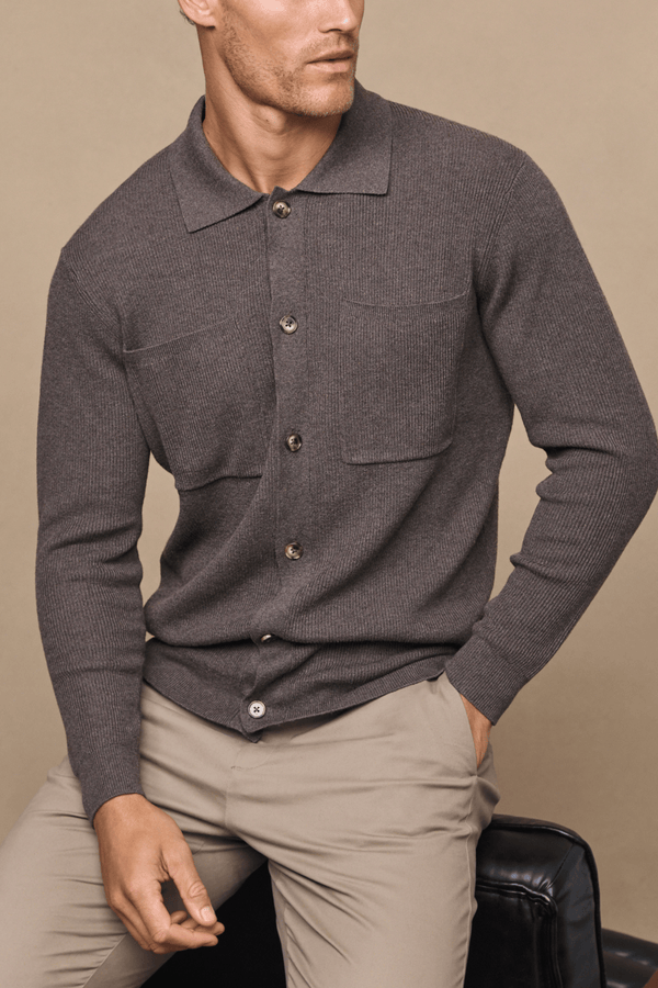 Elias Rib Top Pocket Cardigan - Lichtbruin gemêleerd