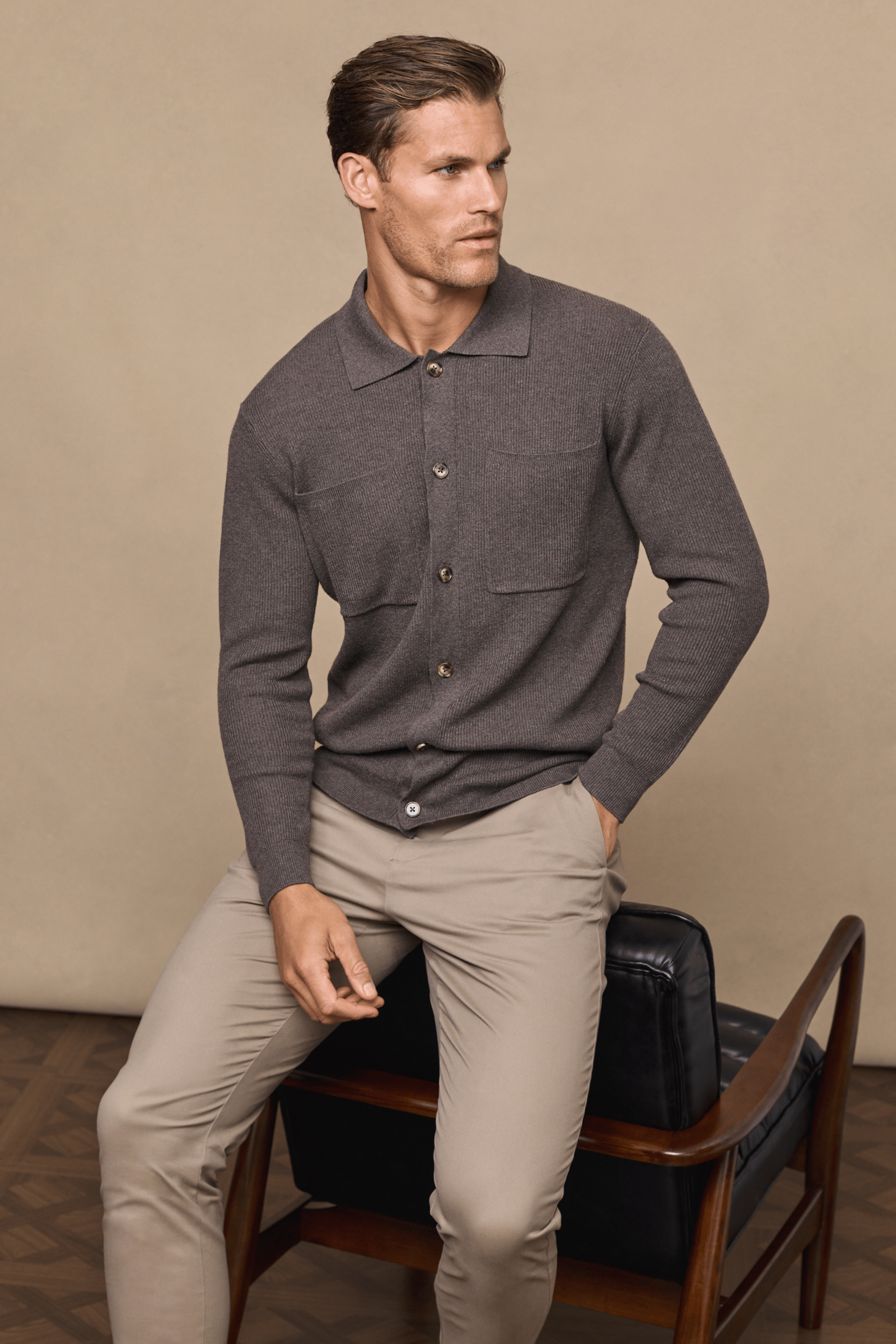 Elias Rib Top Pocket Cardigan - Lichtbruin gemêleerd