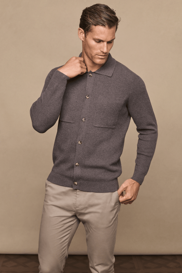 Elias Rib Top Pocket Cardigan - Lichtbruin gemêleerd