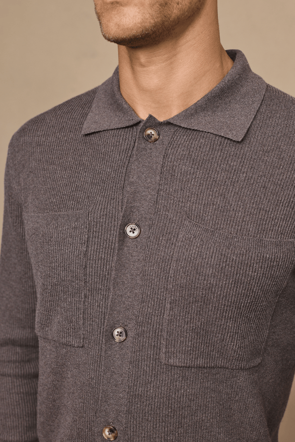 Elias Rib Top Pocket Cardigan - Lichtbruin gemêleerd