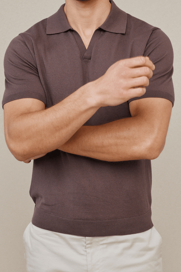 Privia gebreide polo met open hals - Mocha