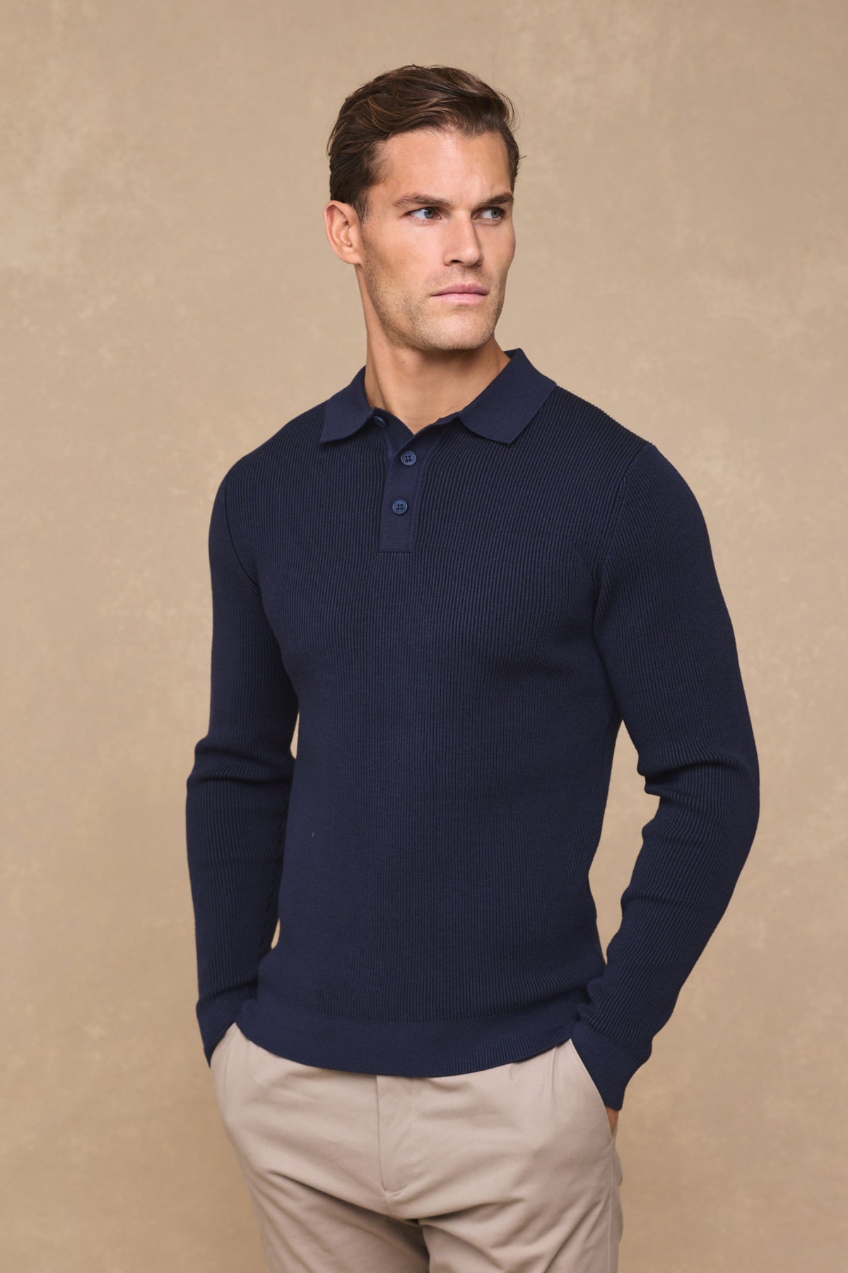 Angus geribbelde polo - marineblauw