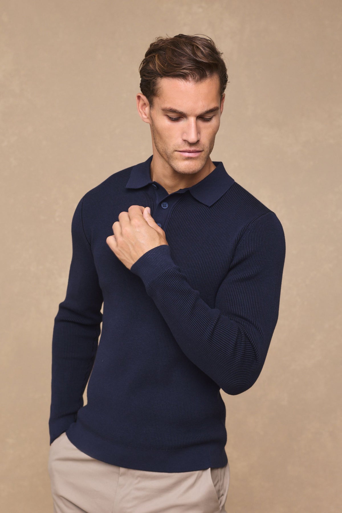 Angus geribbelde polo - marineblauw