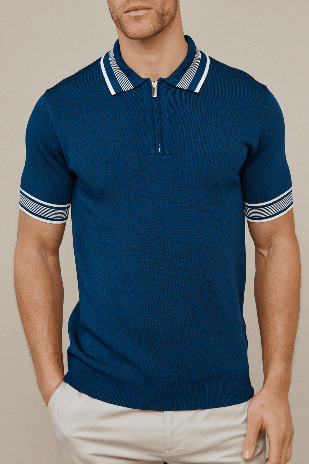 Vida Gebreid Gestreept Poloshirt - Marine