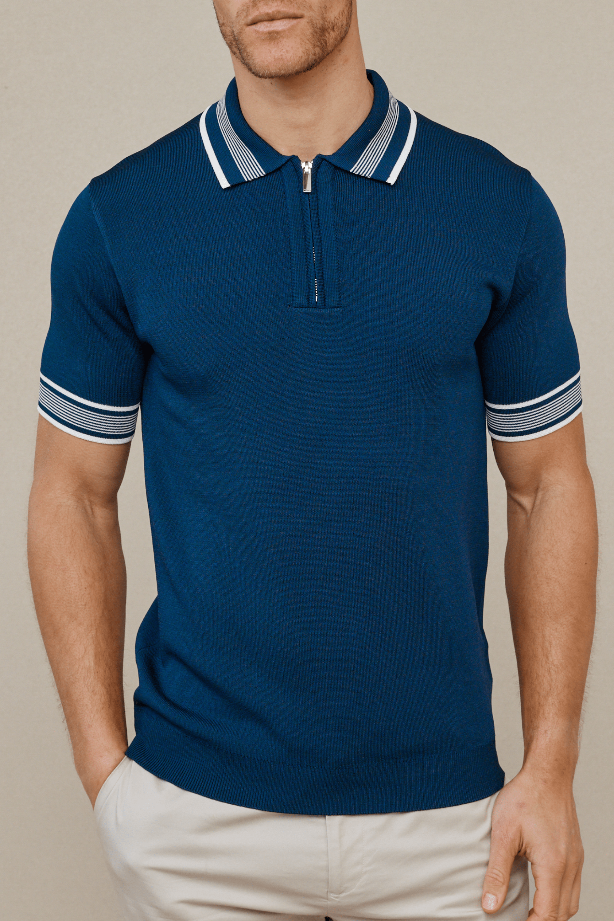 Vida Gebreid Gestreept Poloshirt - Marine