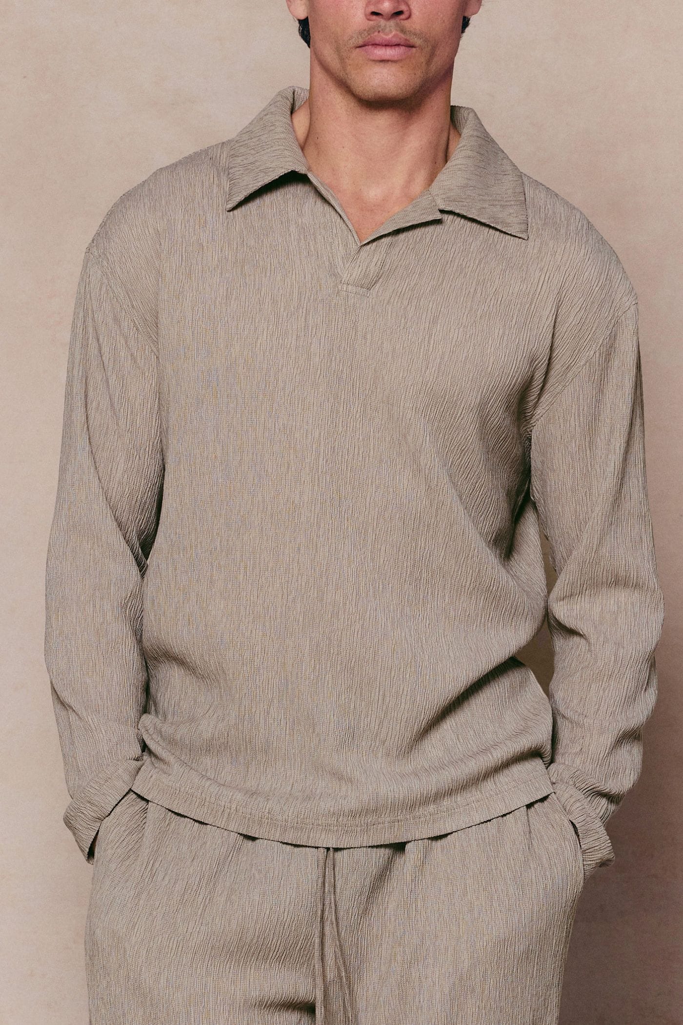 Arty Long Sleeve Open Collar Polo - Mushroom