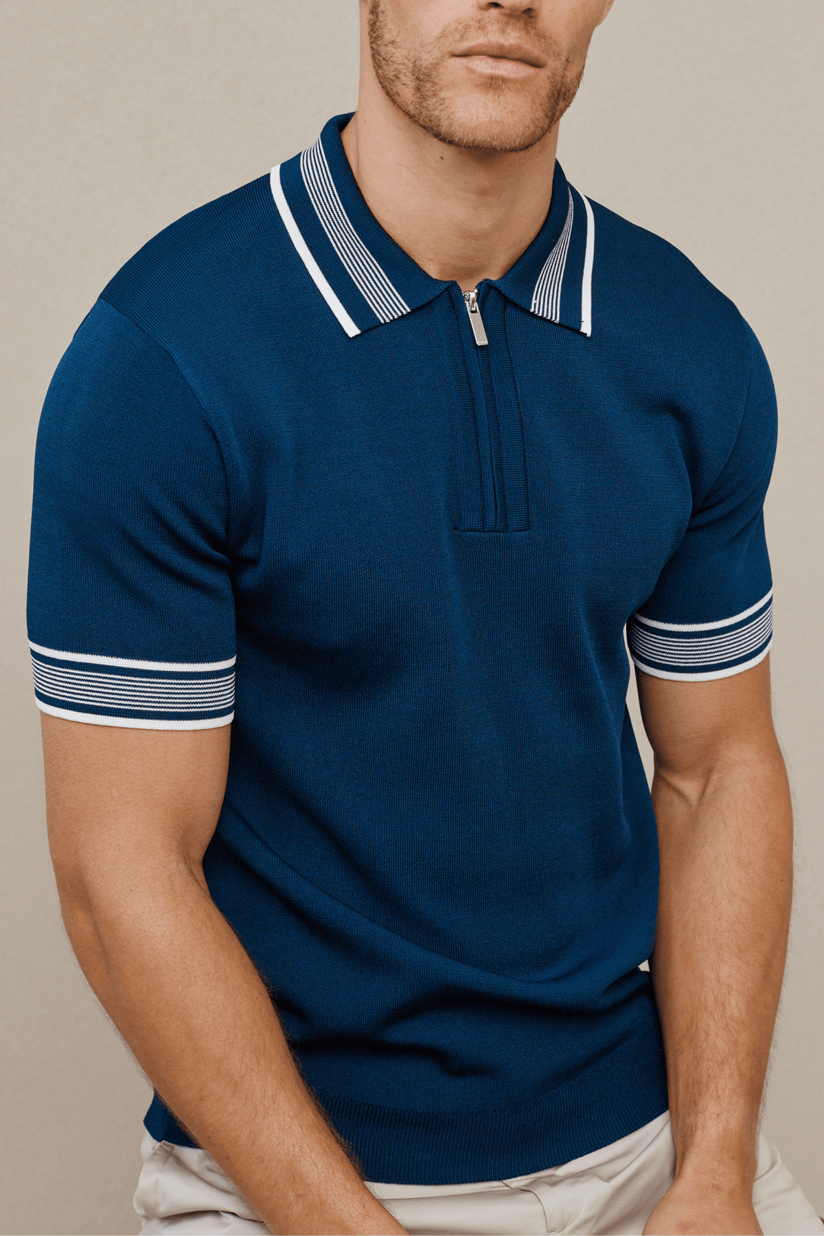 Vida Gebreid Gestreept Poloshirt - Marine