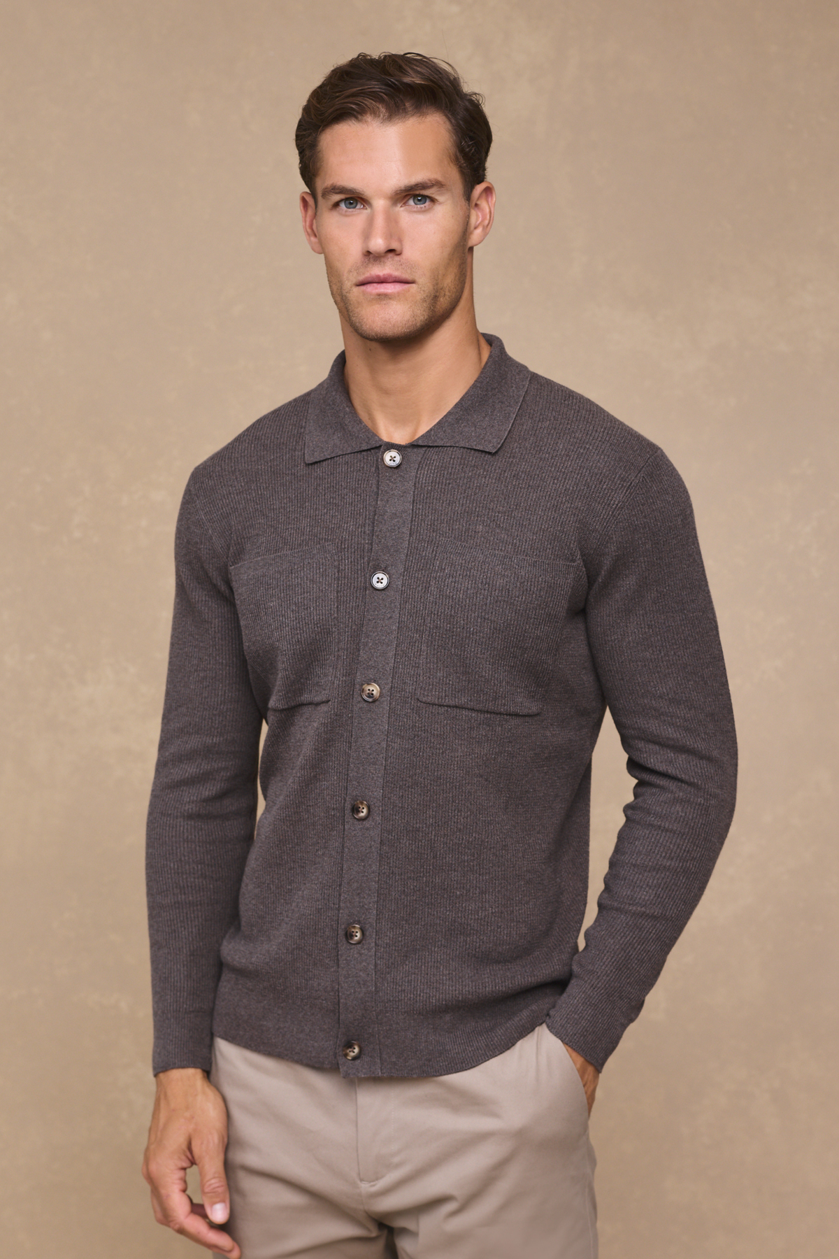 Elias Rib Top Pocket Cardigan - Lichtbruin gemêleerd