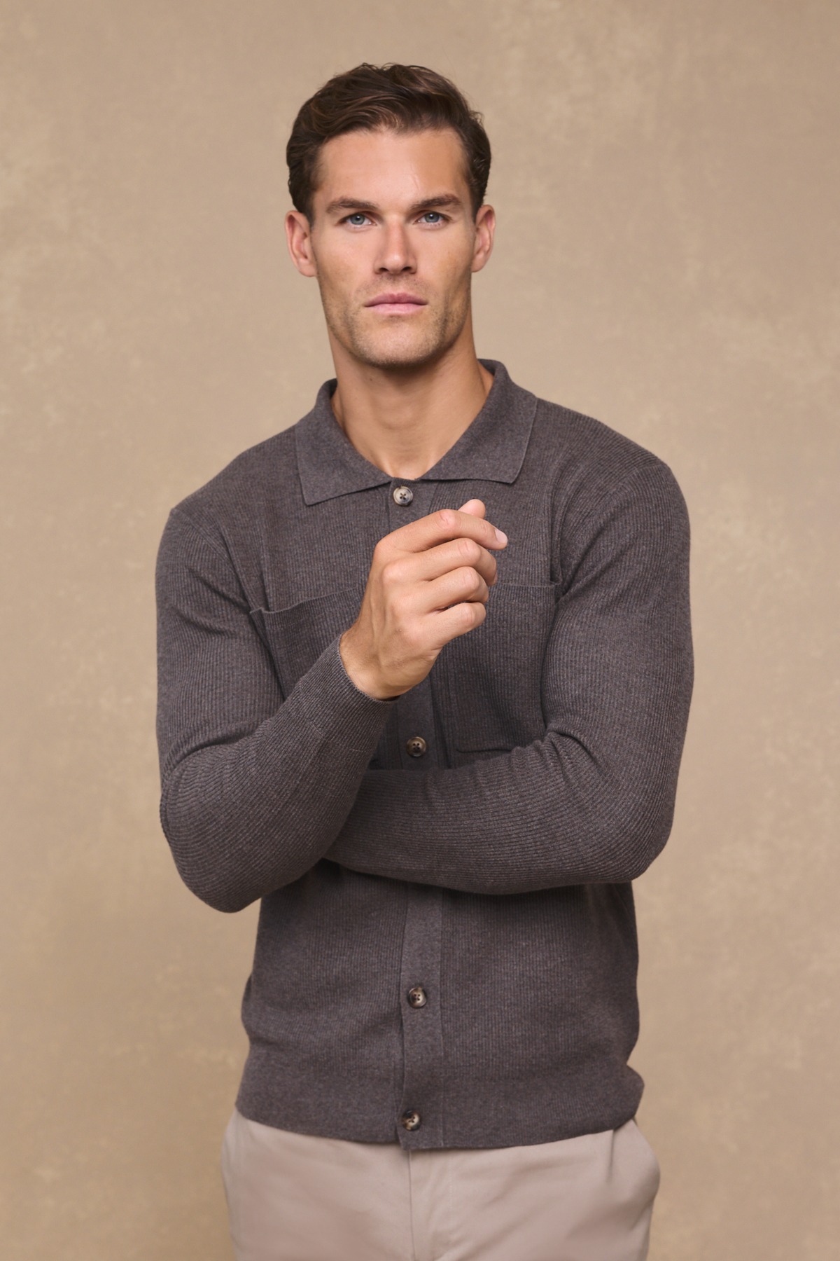 Elias Rib Top Pocket Cardigan - Lichtbruin gemêleerd