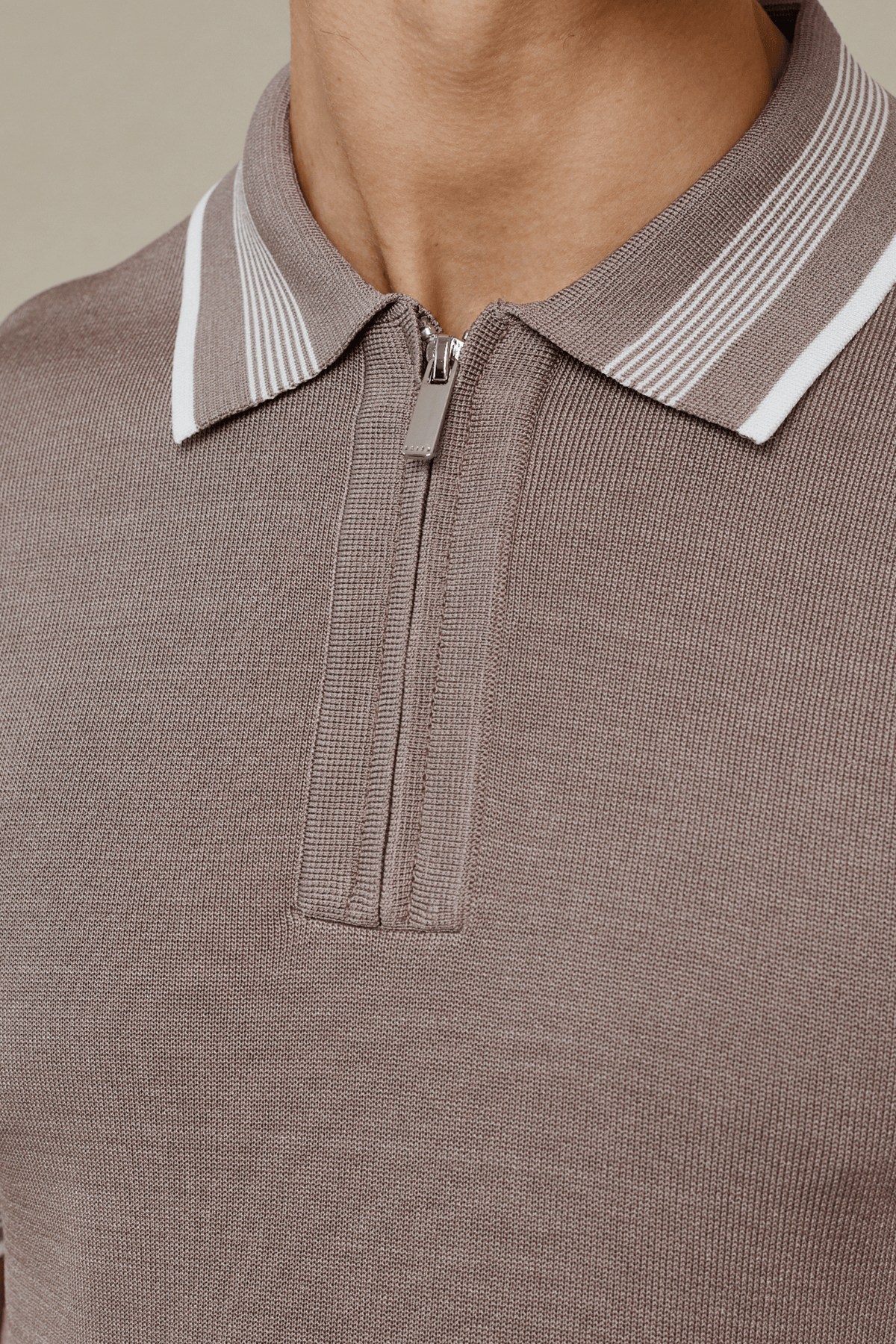 Vida Gebreid Gestreept Poloshirt - Taupe
