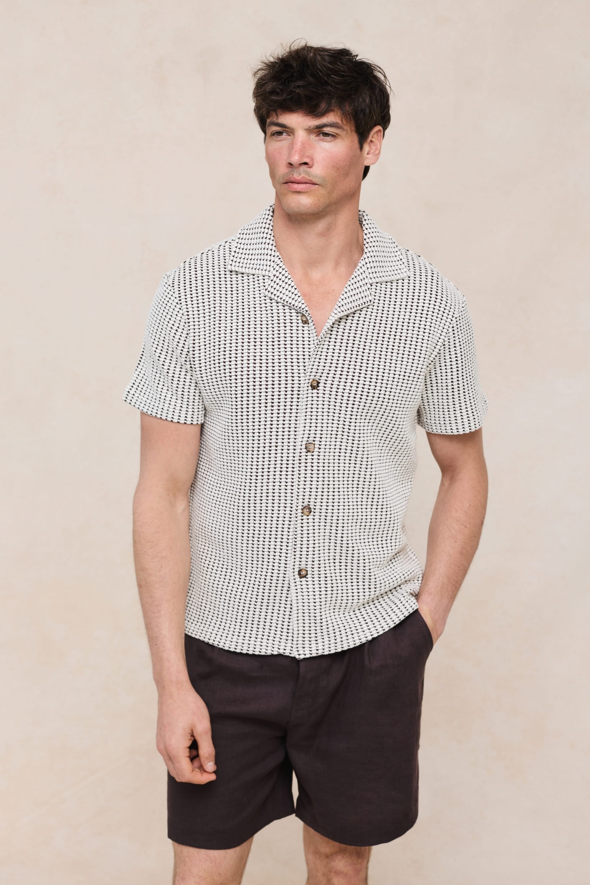 Marcos Patterned Waffle Short Sleeve Shirt - White/Brown