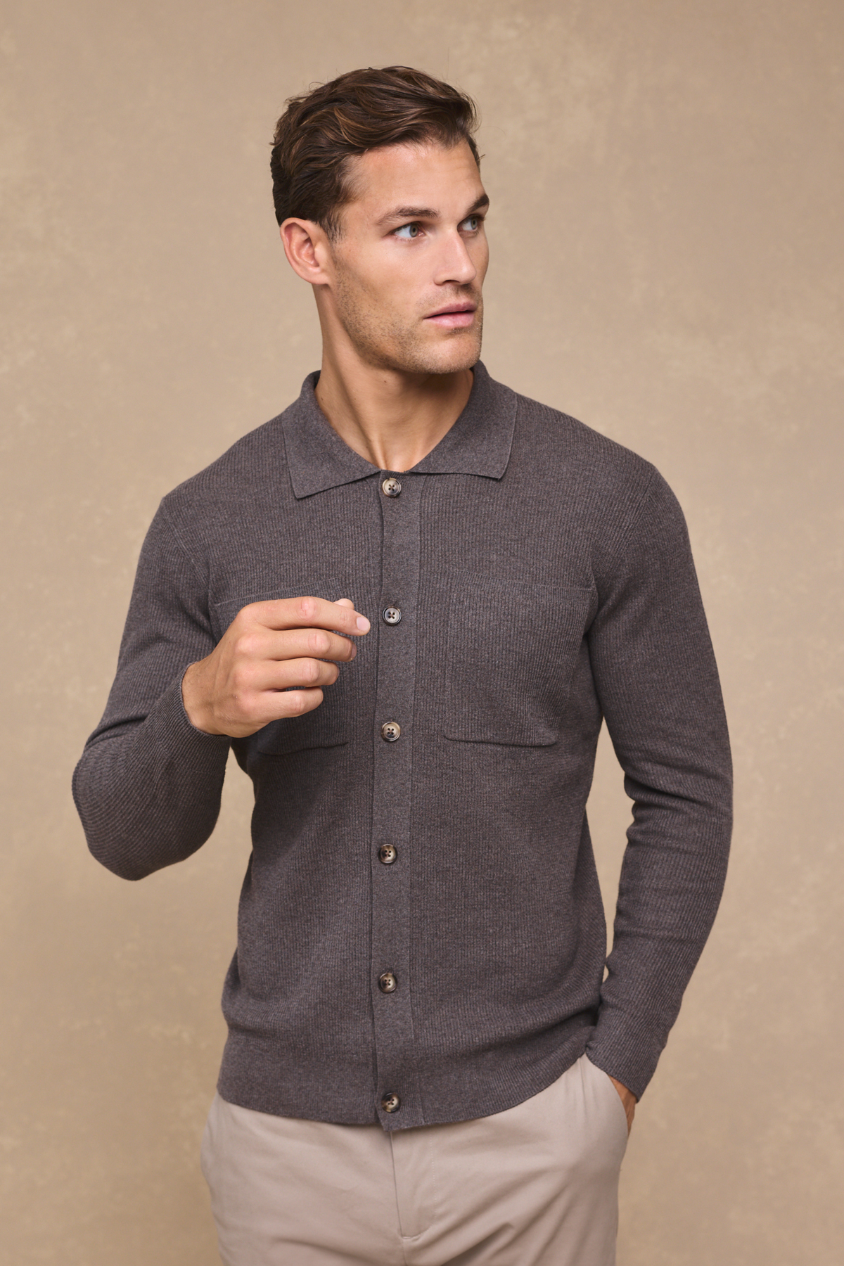Elias Rib Top Pocket Cardigan - Lichtbruin gemêleerd