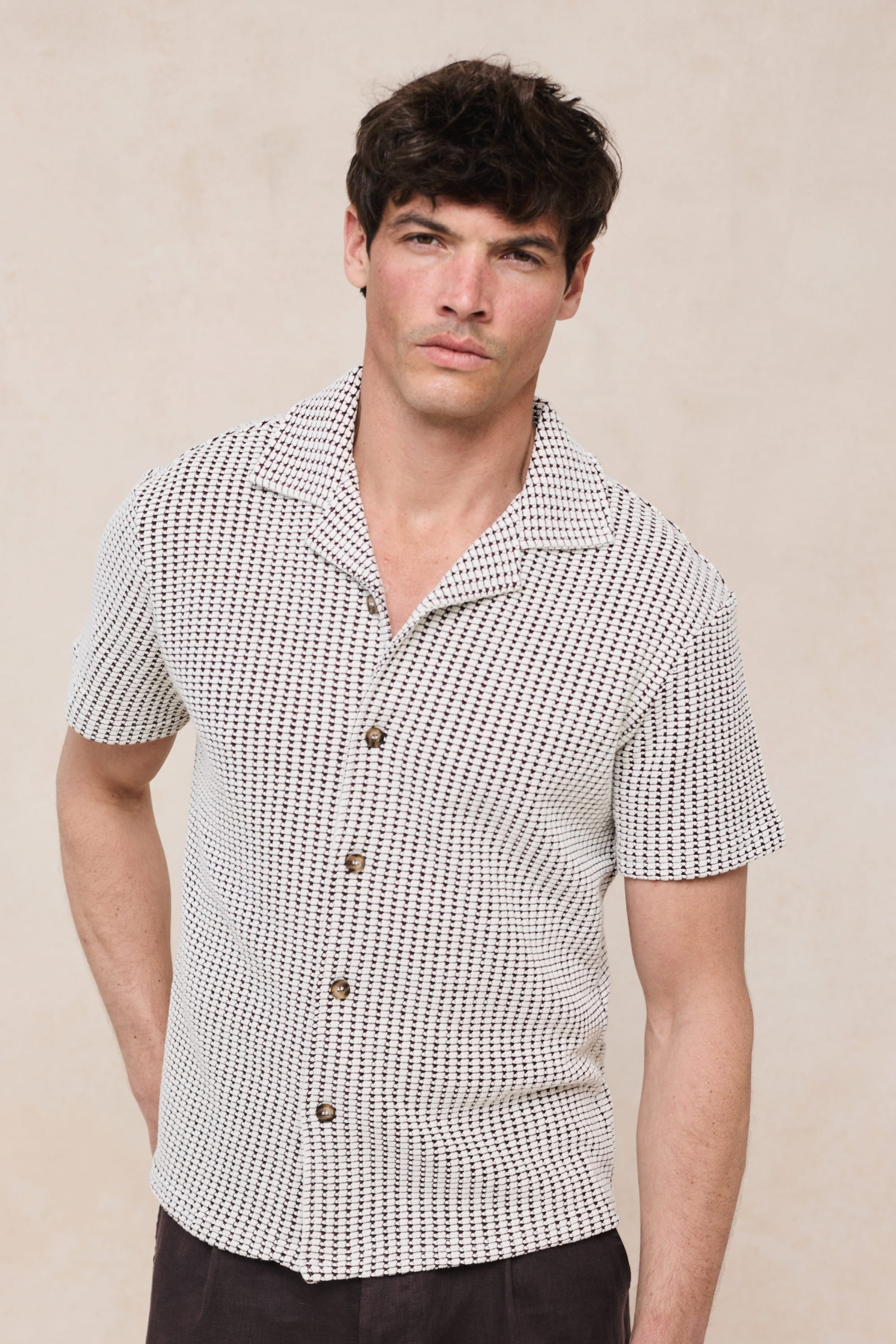 Marcos Patterned Waffle Short Sleeve Shirt - White/Brown