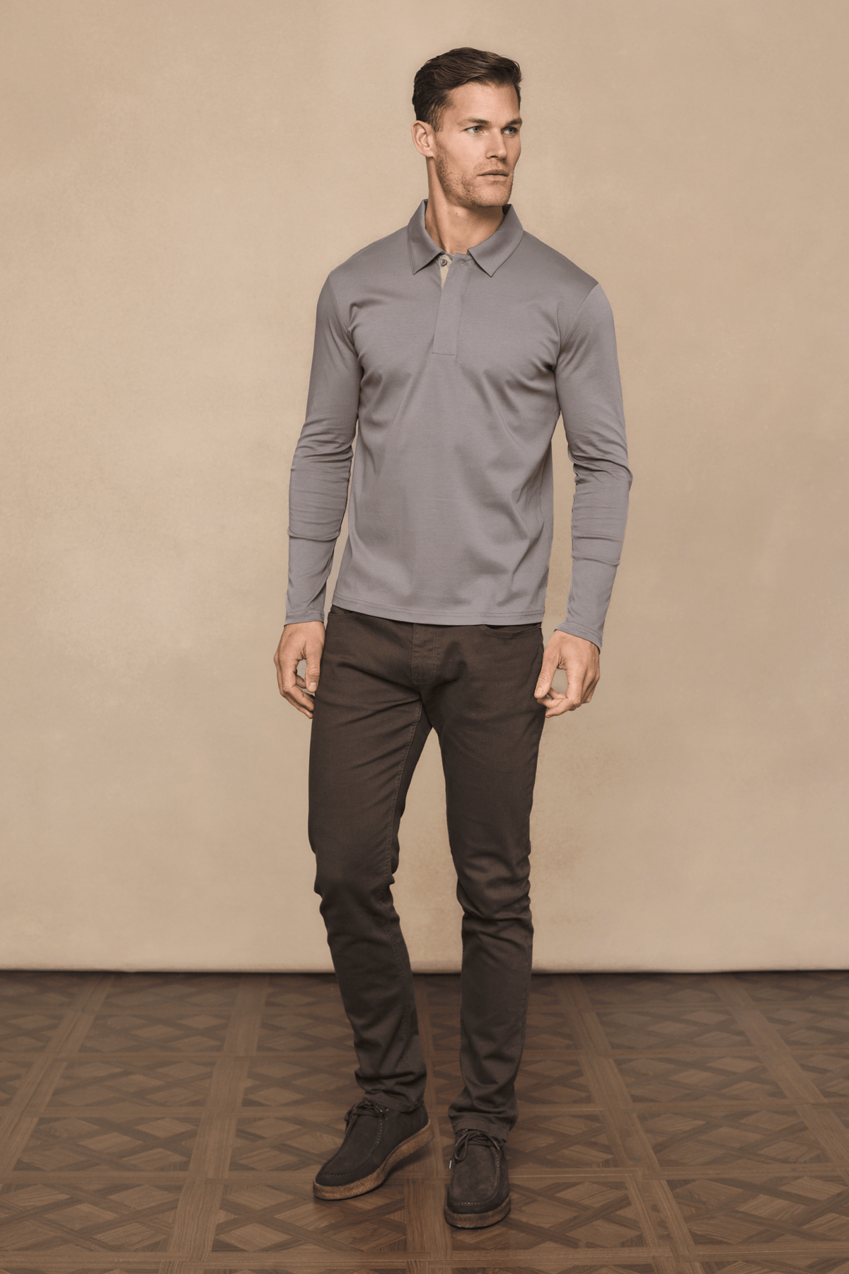 Santi poloshirt met lange mouwen van gemerceriseerd staal - paddenstoelkleur
