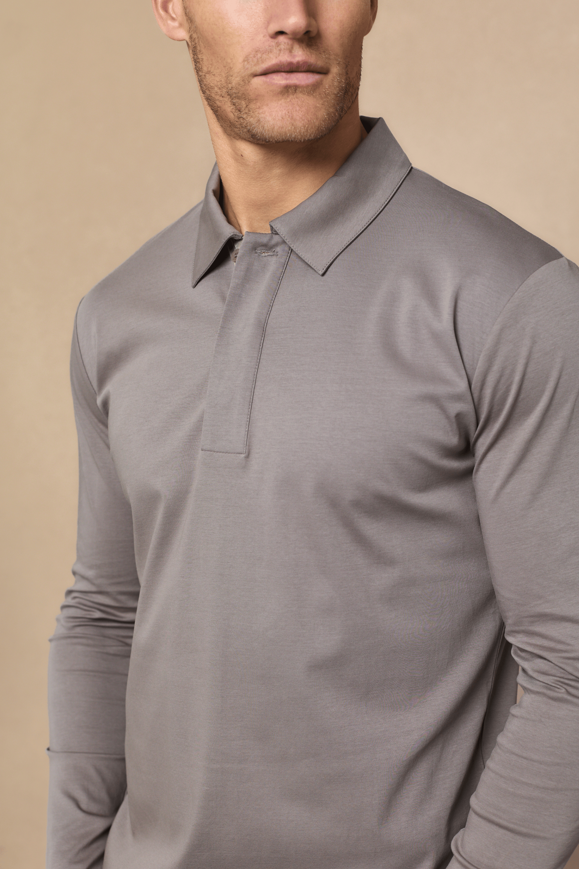 Santi poloshirt met lange mouwen van gemerceriseerd staal - paddenstoelkleur