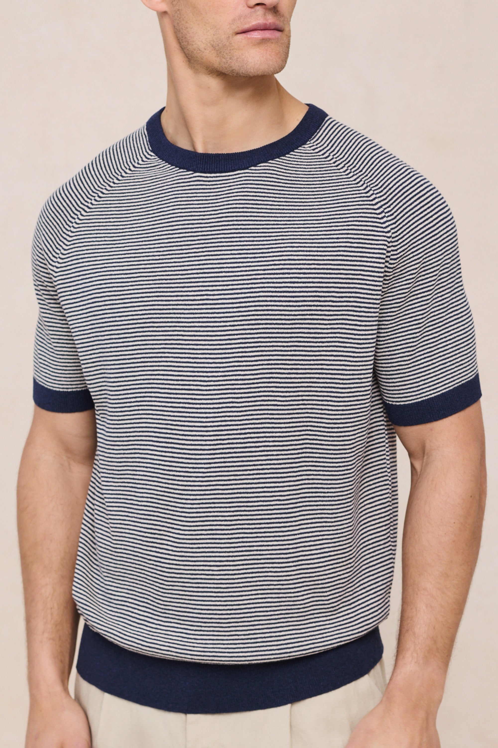 Rafael Linen Striped Crew Neck T-Shirt - Navy/Beige