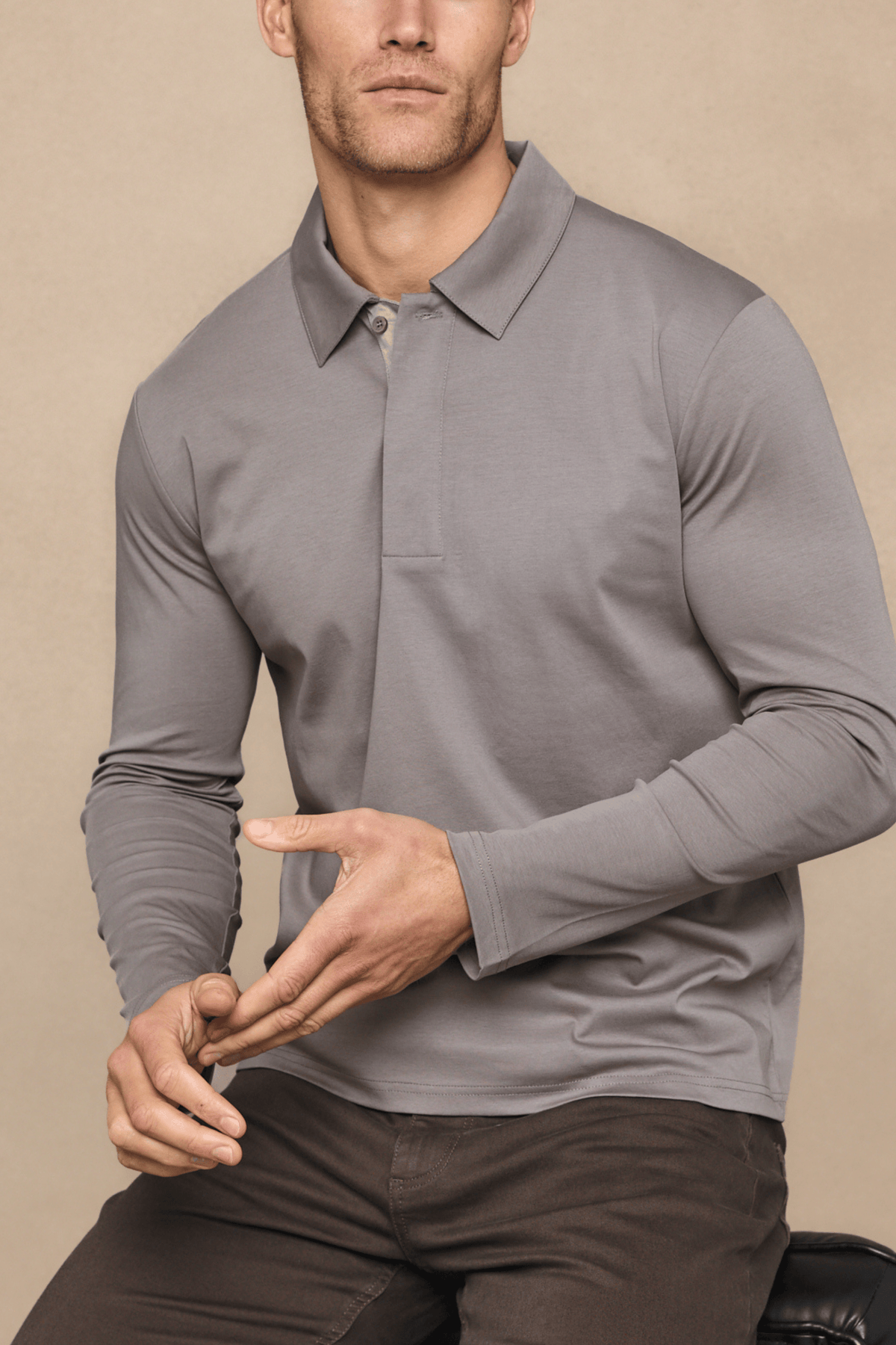 Santi poloshirt met lange mouwen van gemerceriseerd staal - paddenstoelkleur