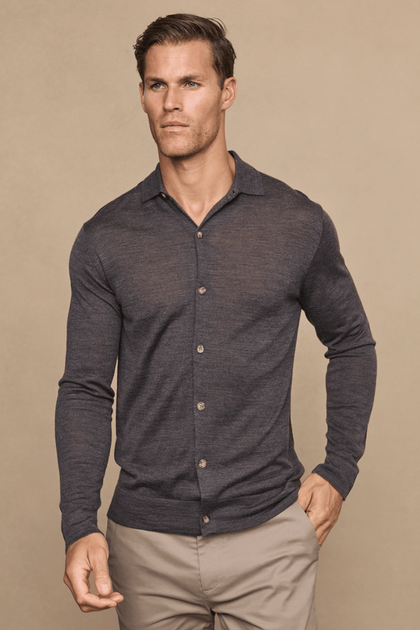 Edgar fijngebreid overhemd - Houtskoolgrijs gemêleerd