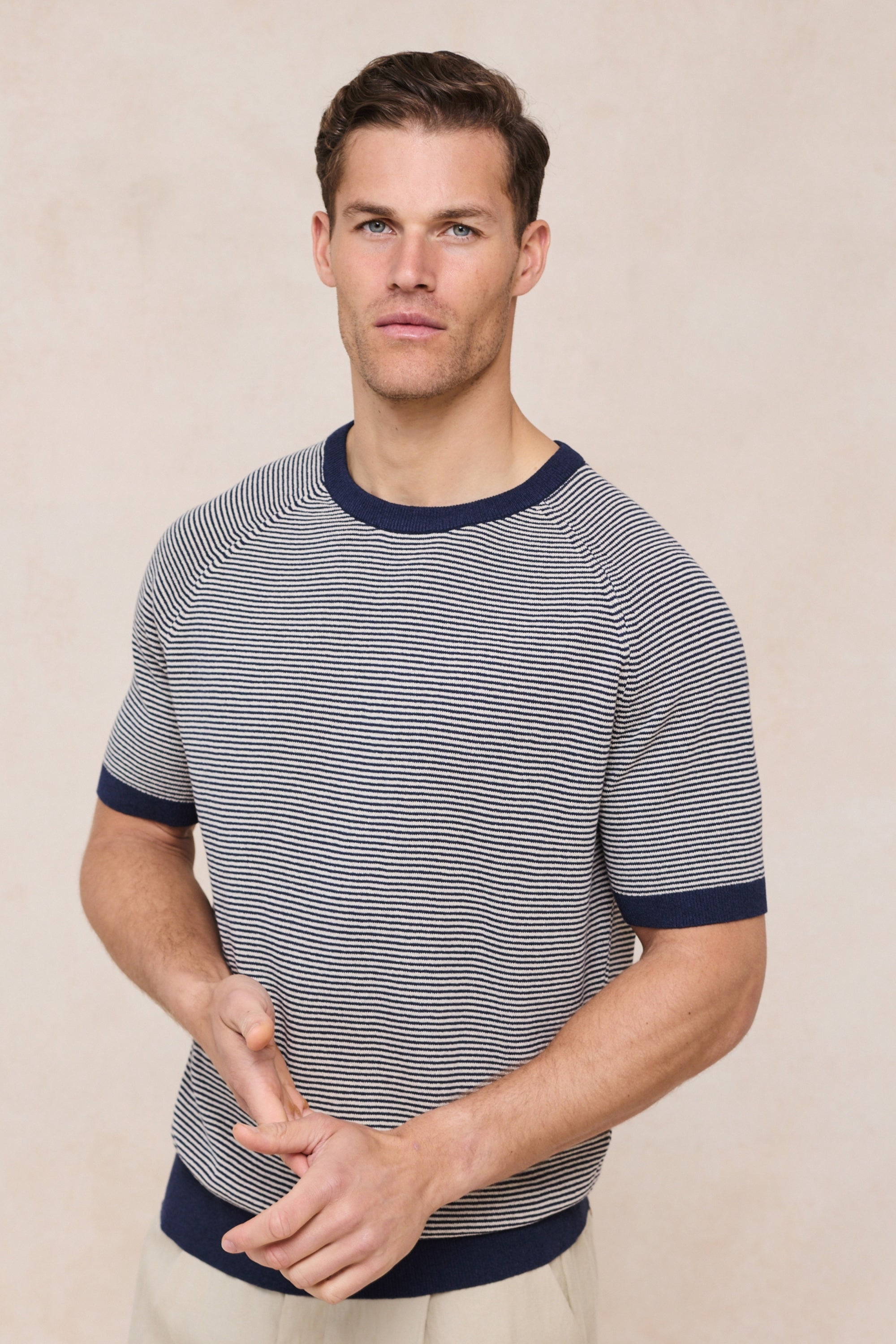 Rafael linnen gestreept T-shirt met ronde hals - Marineblauw/beige