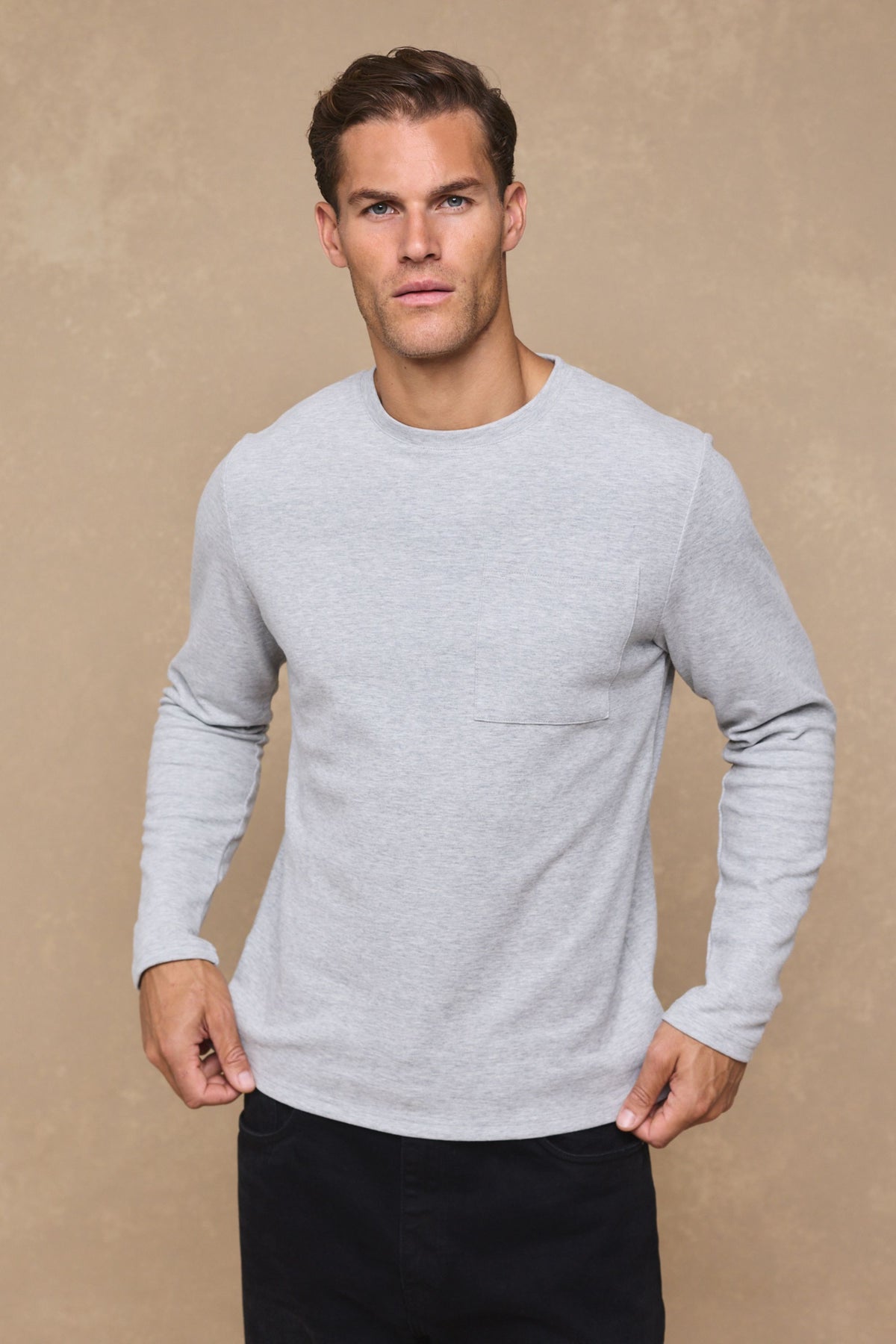 Tyler T-shirt met lange mouwen en borstzak - Grijs gemêleerd