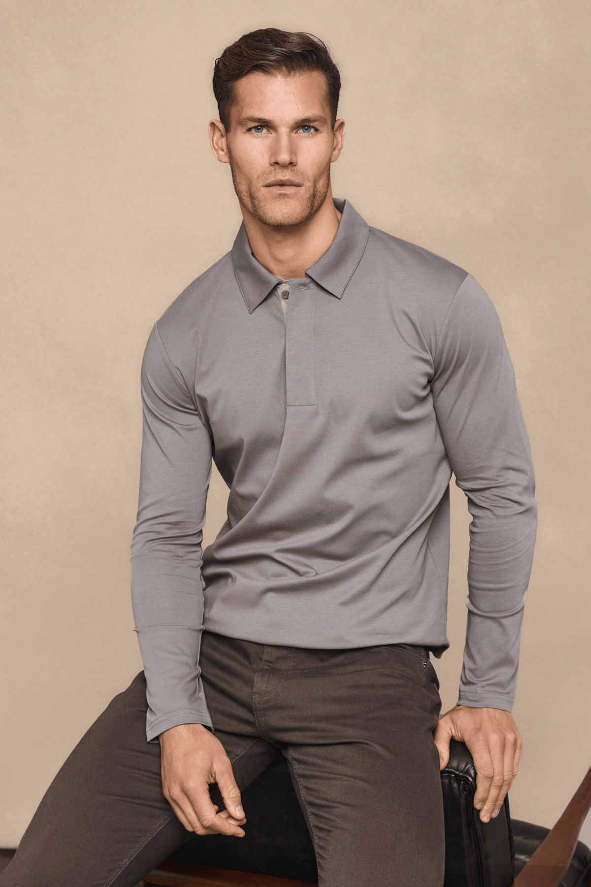 Santi poloshirt met lange mouwen van gemerceriseerd staal - paddenstoelkleur