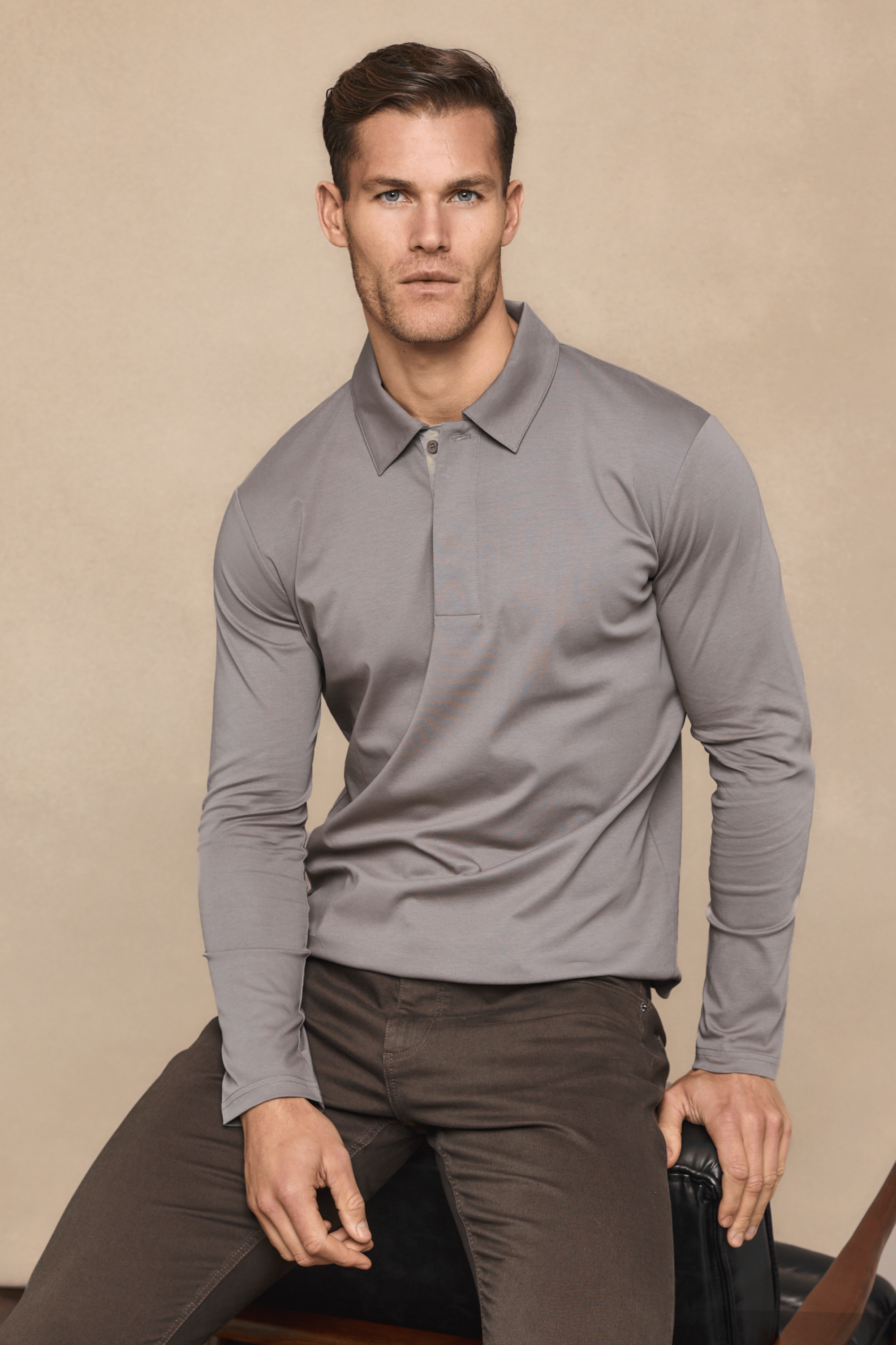 Santi poloshirt met lange mouwen van gemerceriseerd staal - paddenstoelkleur