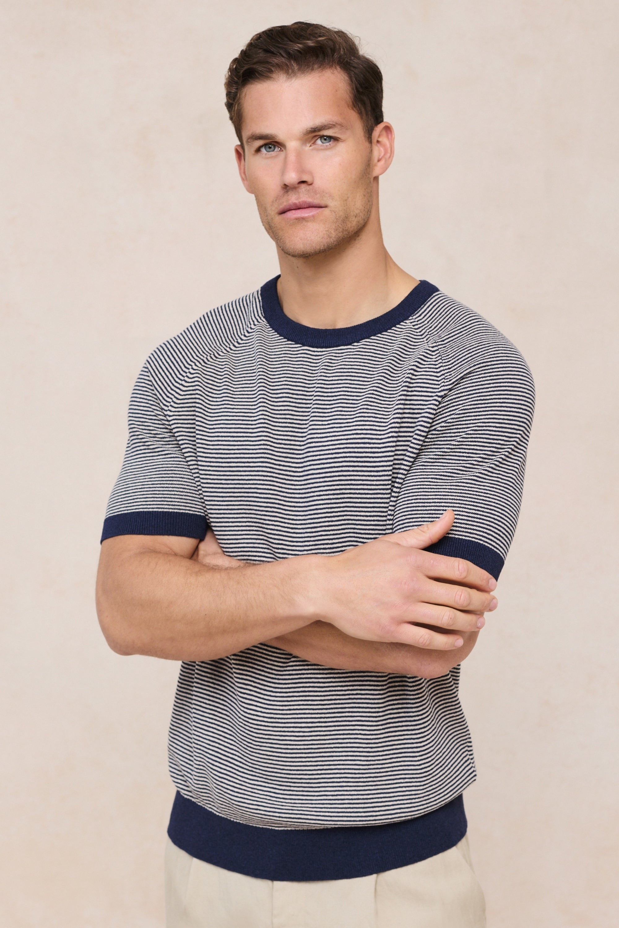 Rafael linnen gestreept T-shirt met ronde hals - Marineblauw/beige
