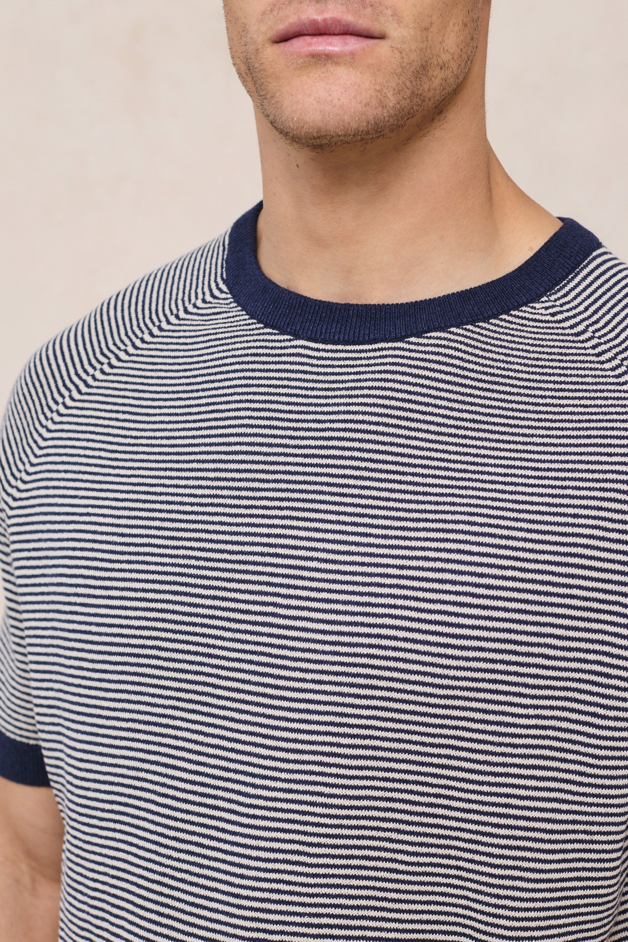 Rafael linnen gestreept T-shirt met ronde hals - Marineblauw/beige