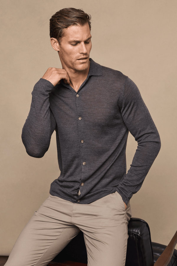 Edgar fijngebreid overhemd - Houtskoolgrijs gemêleerd