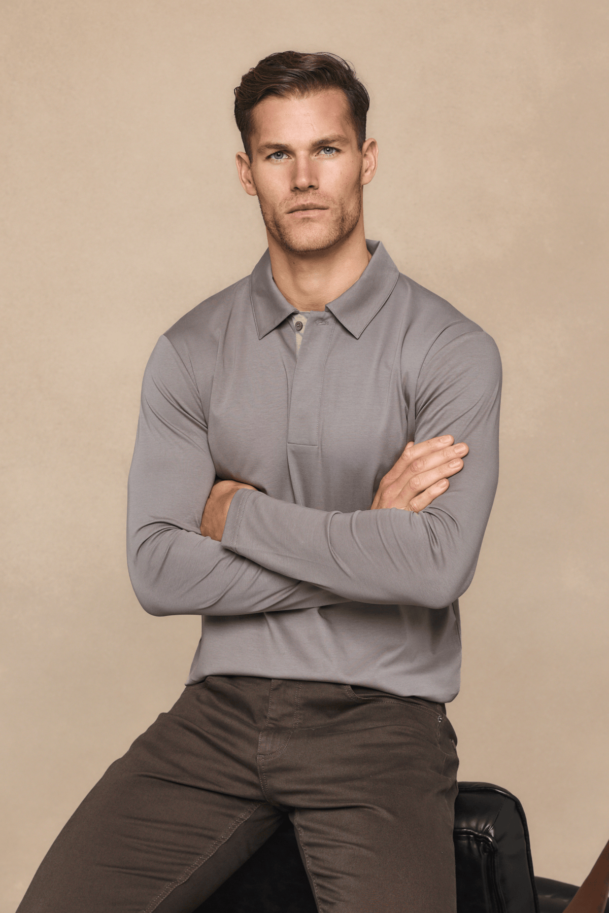 Santi poloshirt met lange mouwen van gemerceriseerd staal - paddenstoelkleur