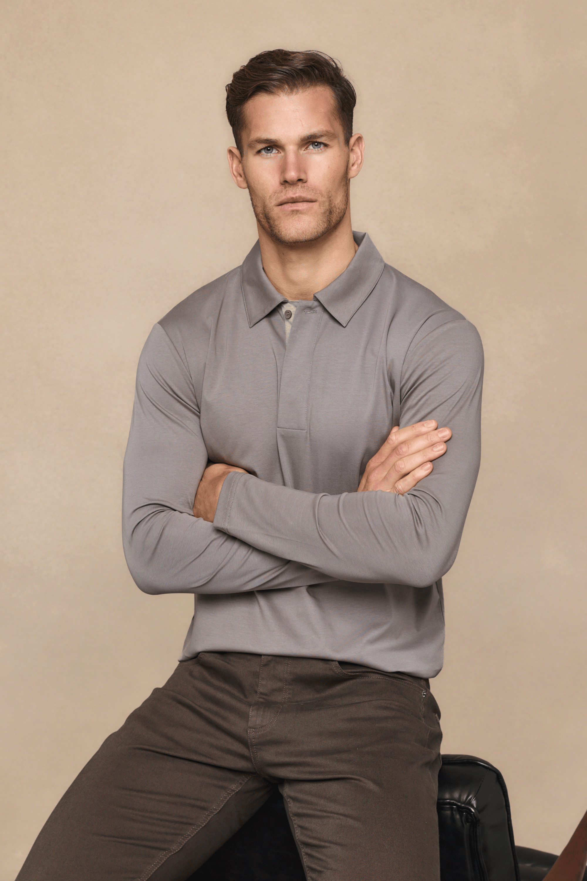 Santi poloshirt met lange mouwen van gemerceriseerd staal - paddenstoelkleur