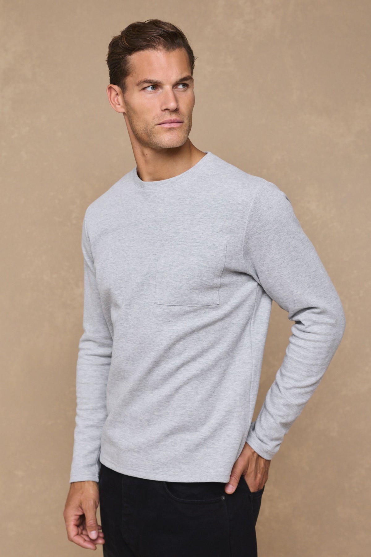 Tyler T-shirt met lange mouwen en borstzak - Grijs gemêleerd