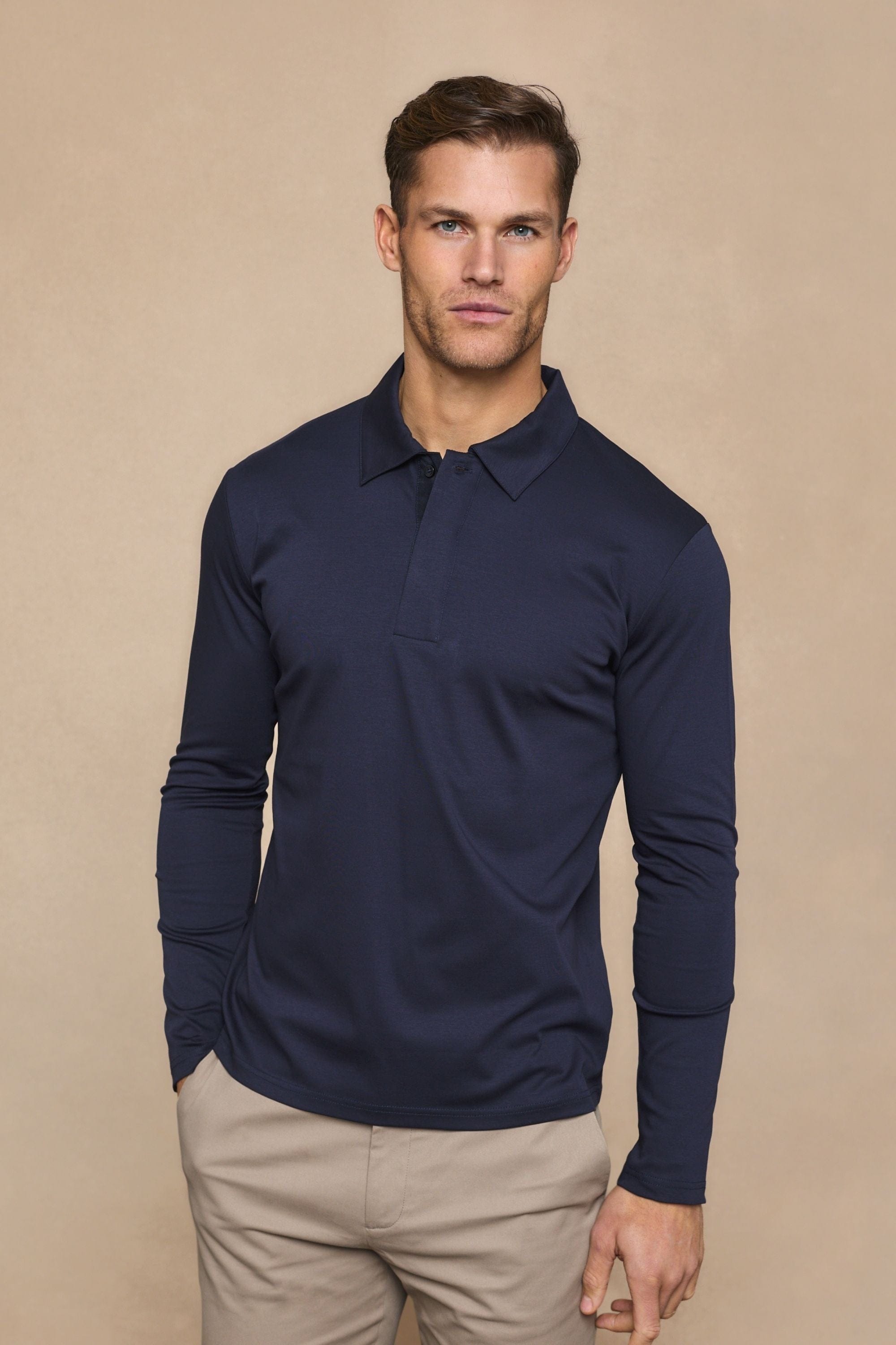 Santi poloshirt met lange mouwen van gemerceriseerd staal - marineblauw