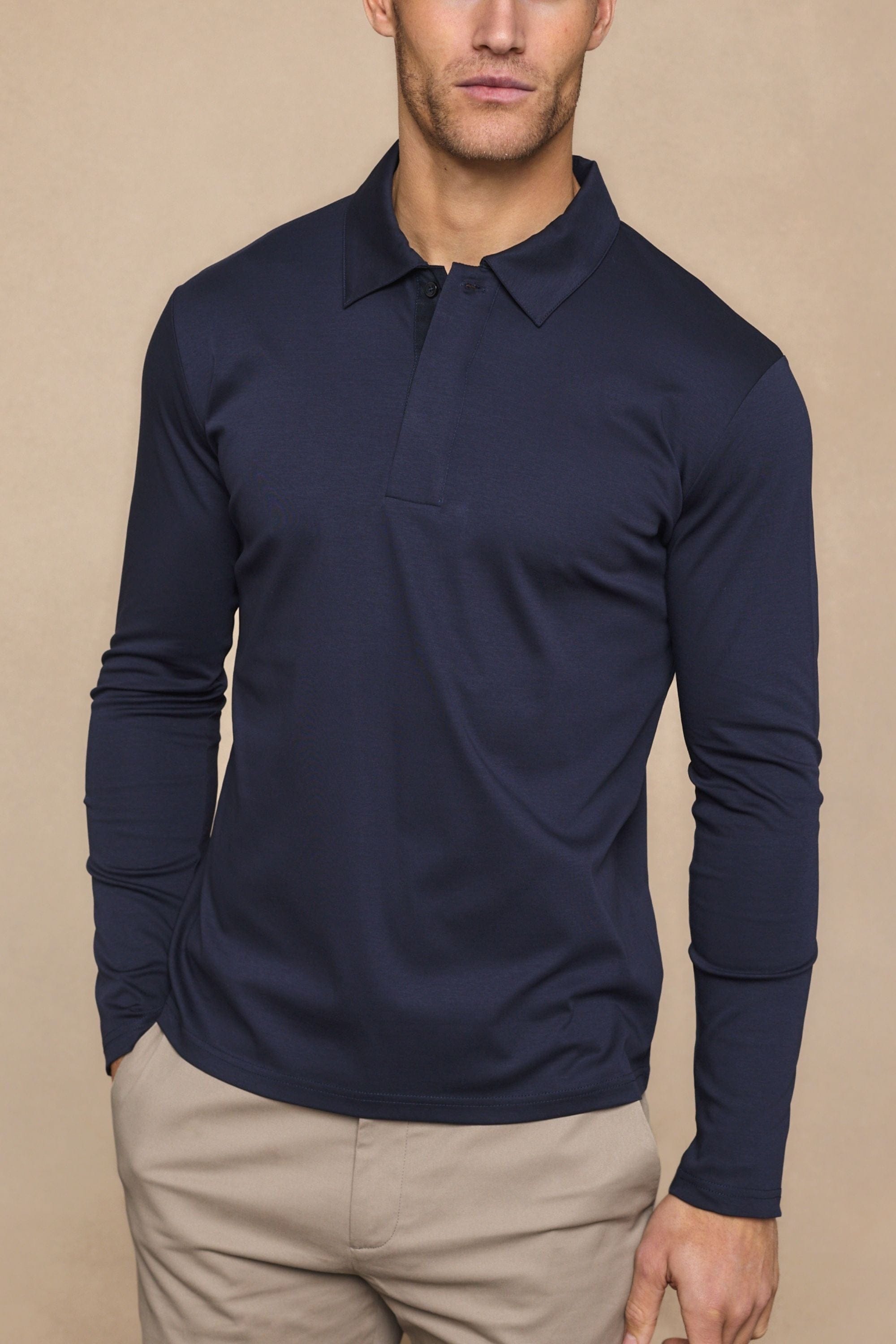 Santi poloshirt met lange mouwen van gemerceriseerd staal - marineblauw