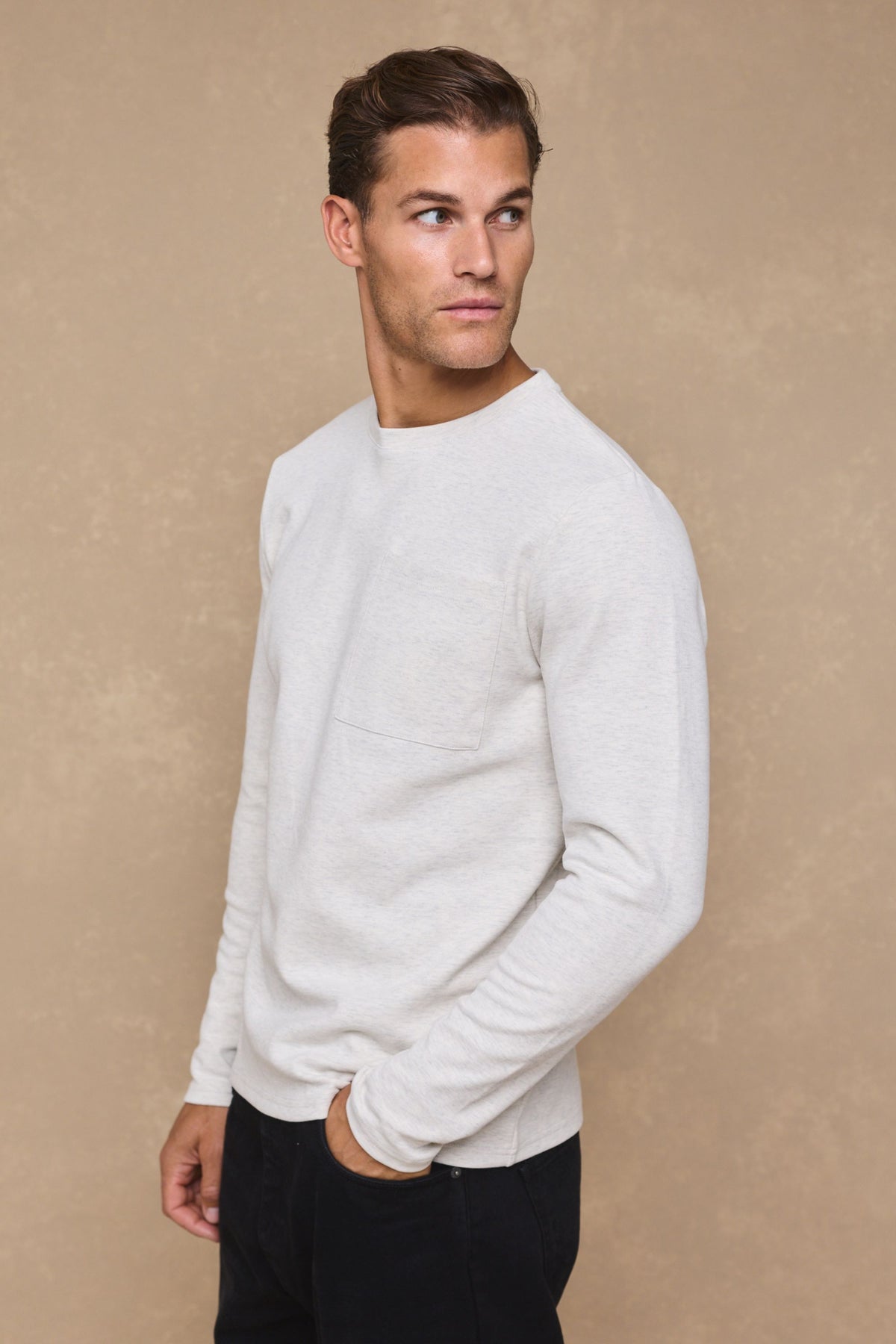 Tyler T-shirt met lange mouwen en borstzak - Stone Marl