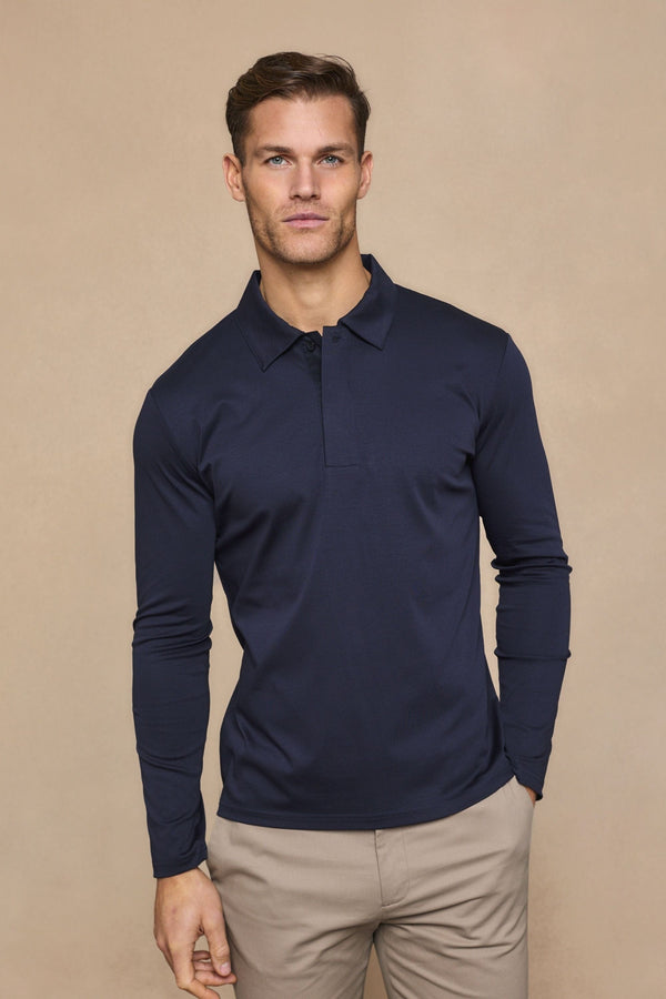 Santi poloshirt met lange mouwen van gemerceriseerd staal - marineblauw