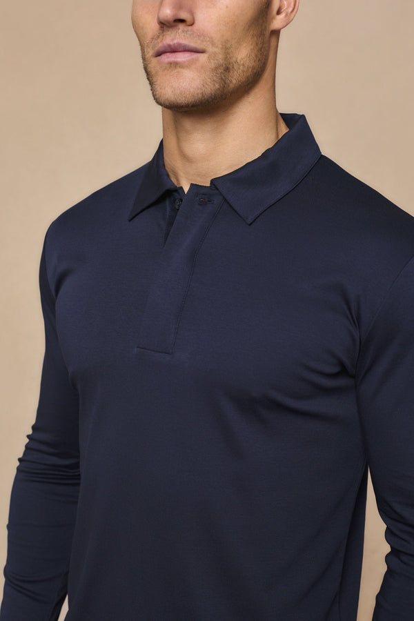 Santi poloshirt met lange mouwen van gemerceriseerd staal - marineblauw