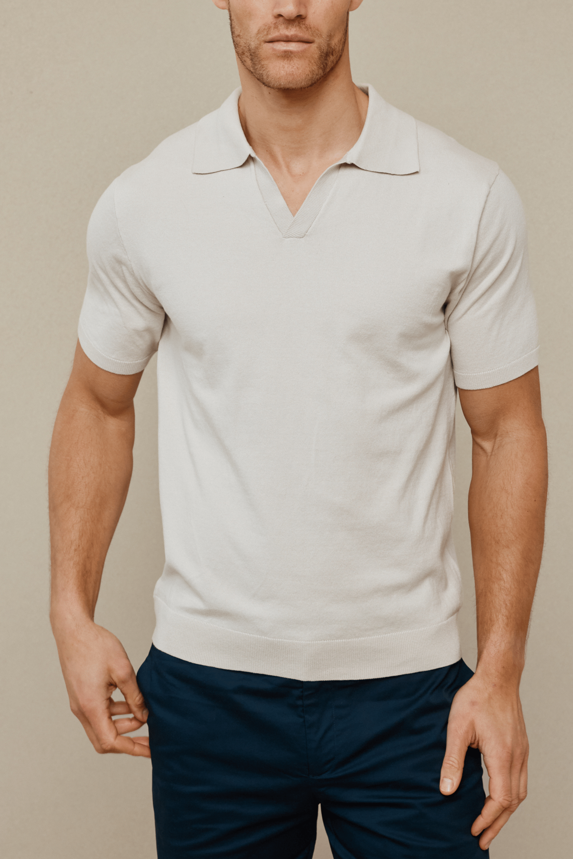 Privia gebreide polo met open hals - Havermout